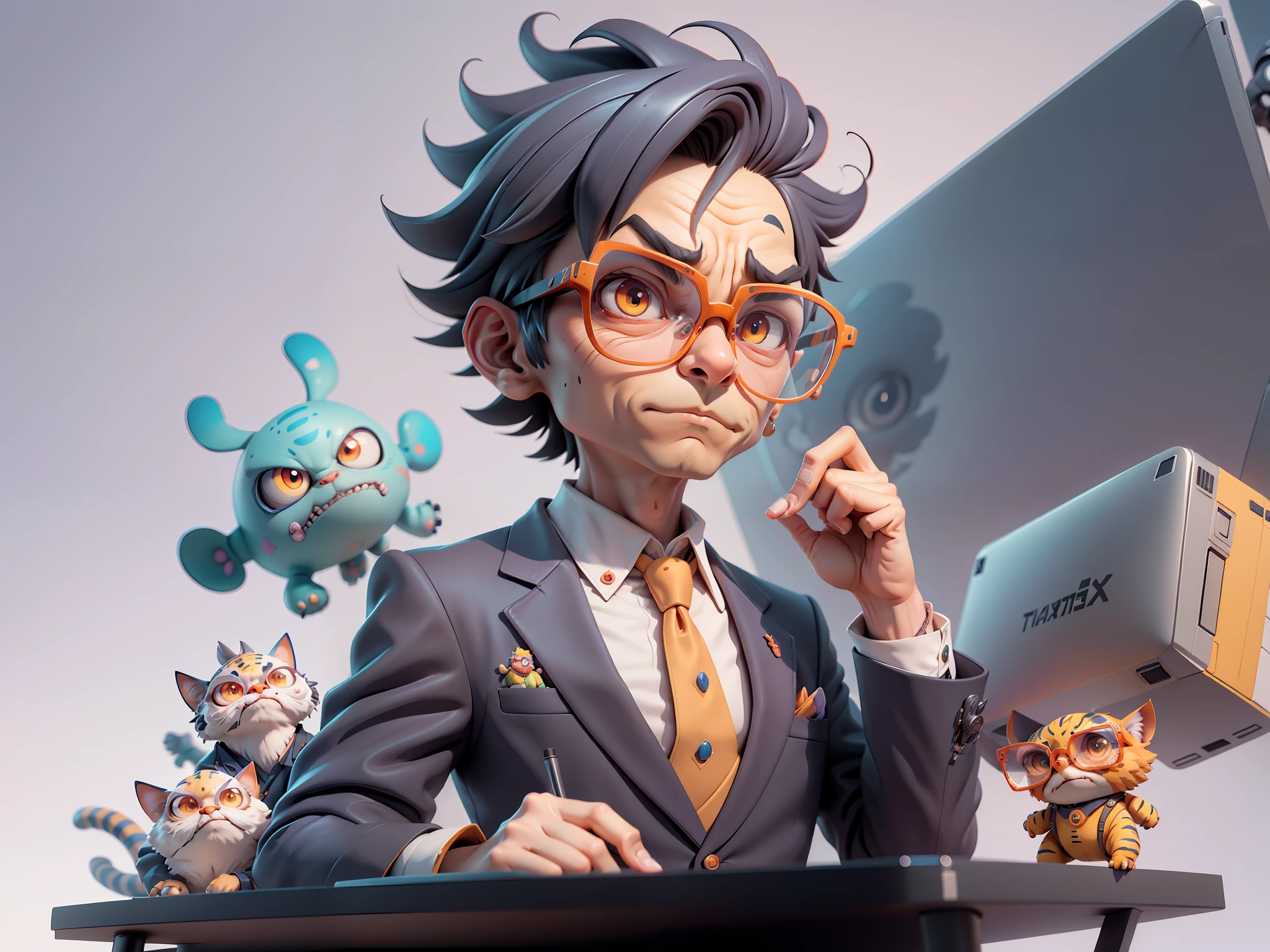 A young man in a suit, Short hair and glasses sat at his desk，holding laptop，digitial painting，tigre，3D character design by Mark Clairen and Pixar and Hayao Miyazaki and Akira Toriyama，4K HD illustration，Very detailed facial features and cartoon-style visuals。