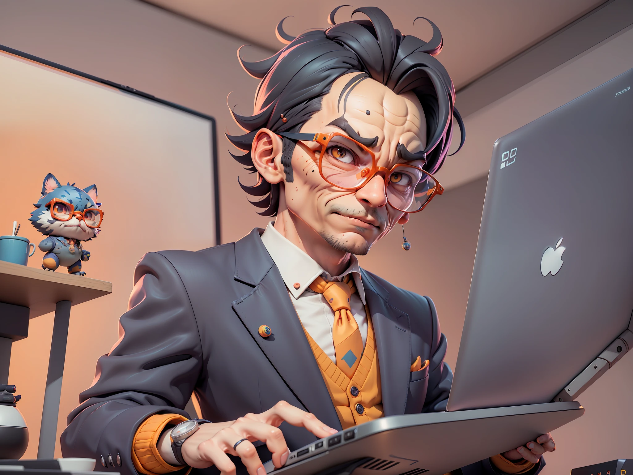 A young man in a suit, Short hair and glasses sat at his desk,holding laptop,digitial painting,tigre,3D character design by Mark Clairen and Pixar and Hayao Miyazaki and Akira Toriyama,4K HD illustration,Very detailed facial features and cartoon-style visuals。