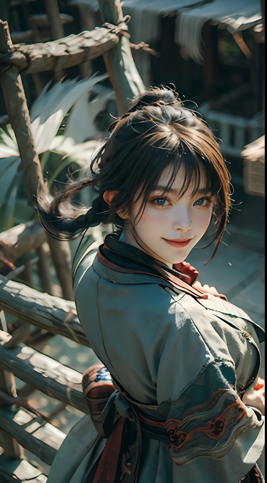 braidedponytail, Dragon horns, aqua eyes, Light smile, Tonalism, Motion blur, From above, 35mm, Sony FE GM, 16k