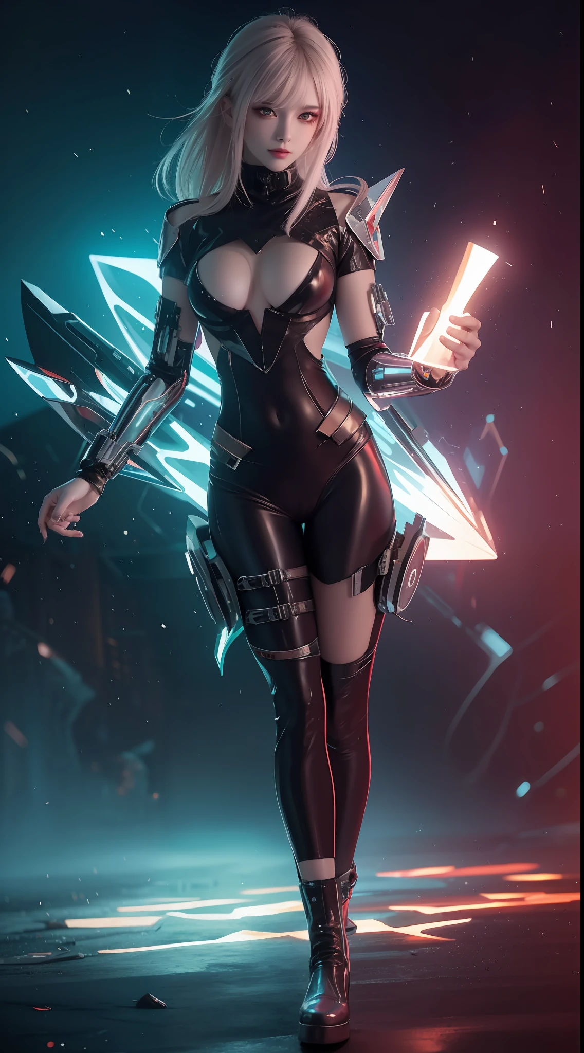 8K uhd, materpiece, a beautiful girl, detaild eye, good face, detaild eyebrow, cyberpunk outfit, lightning outfit, cyberpunk, Cyberspace, cyberpunk shining colorful background, neon effect, Spreading lighting, red lighting,  body capture, full body capture,