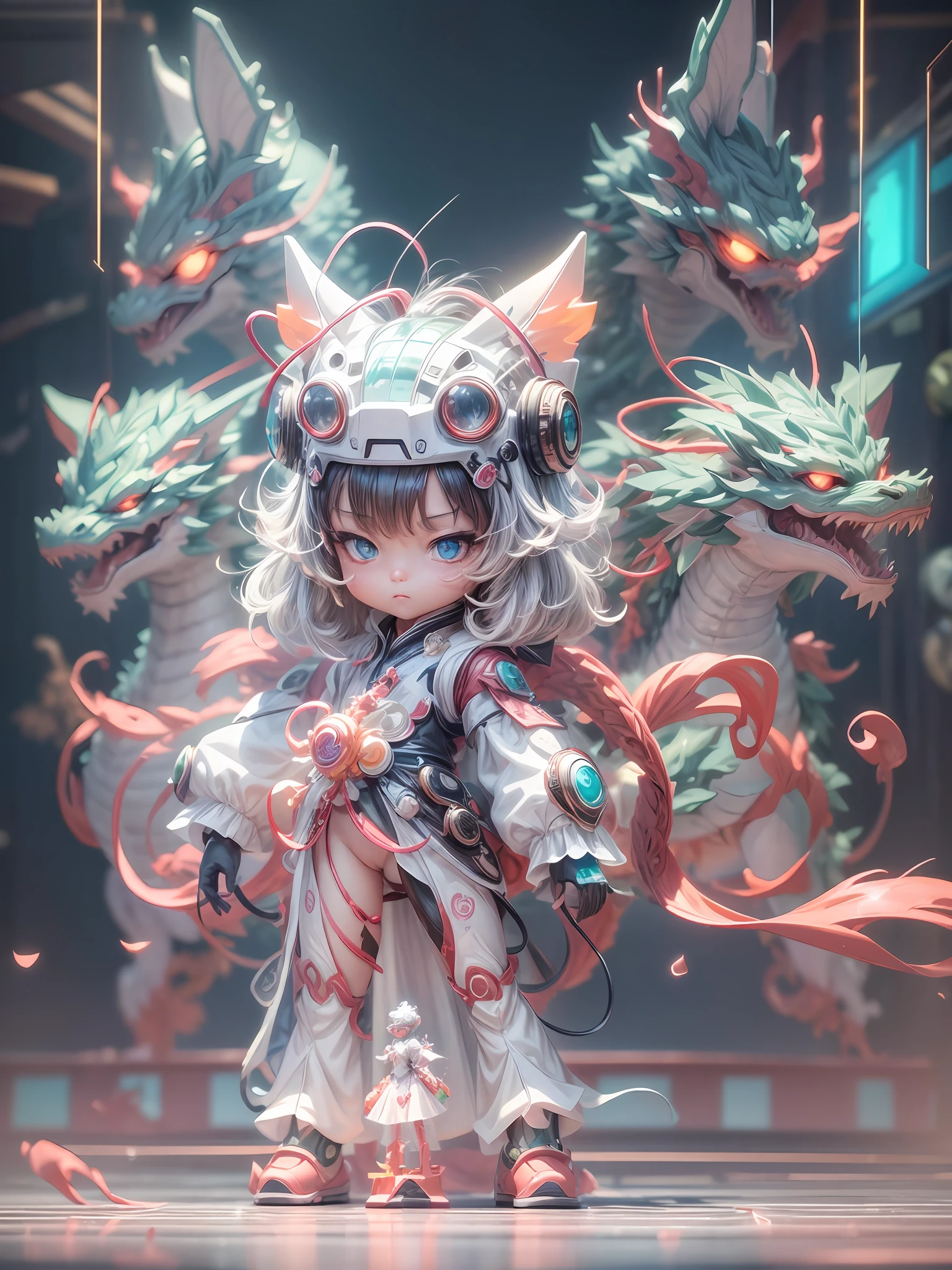 chinesedragon, (blind box toy style:1.2), (Full Body Shot) , 1 Transparent cute girl,Behind him is a transparent and cute Chinese dragon, Transparent mecha, Exquisite Helmet:1.2, glowing goggles:1.2, Cyberpunk, Dreamy Glow, Luminous neon lamp, clean, white background, ( Global illumination, raytracing, HDR, unreal render,reasonable design, high detailed, masterpiece, best quality, UHD, Cinematic Lighting)
