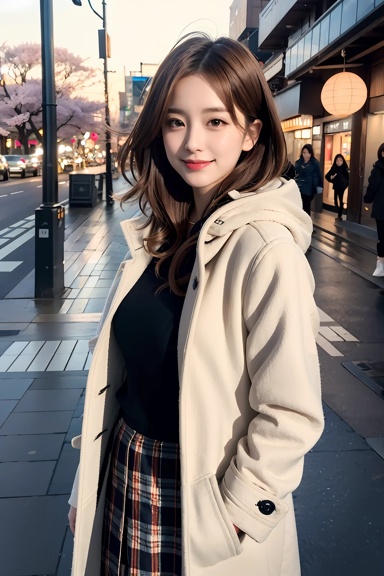 1girl, coat, hood, jacket, ((duffle coat)), lips, lipstick, plaid, plaid_skirt, realistic, skirt, solo, standing, best quality, photorealistic, masterpiece, 8k, high res, solo, (((woman))), (medium breast), ((looking at the viewer)), (looking at the camera), (short hair), (professional lighting, bokeh),top angle view, extremely detailed face, fashionable and trendy atmosphere, japan, street, park, river, sakura, ((daytime)), (portrait:0.6), seductive smile, gorgeous, floating hair, (light particles, lens flare, glowing particles:0.6), (dynamic pose:1.2), soft lighting, brown hair, full body, narrow face, smile, obvious mole under eyes,