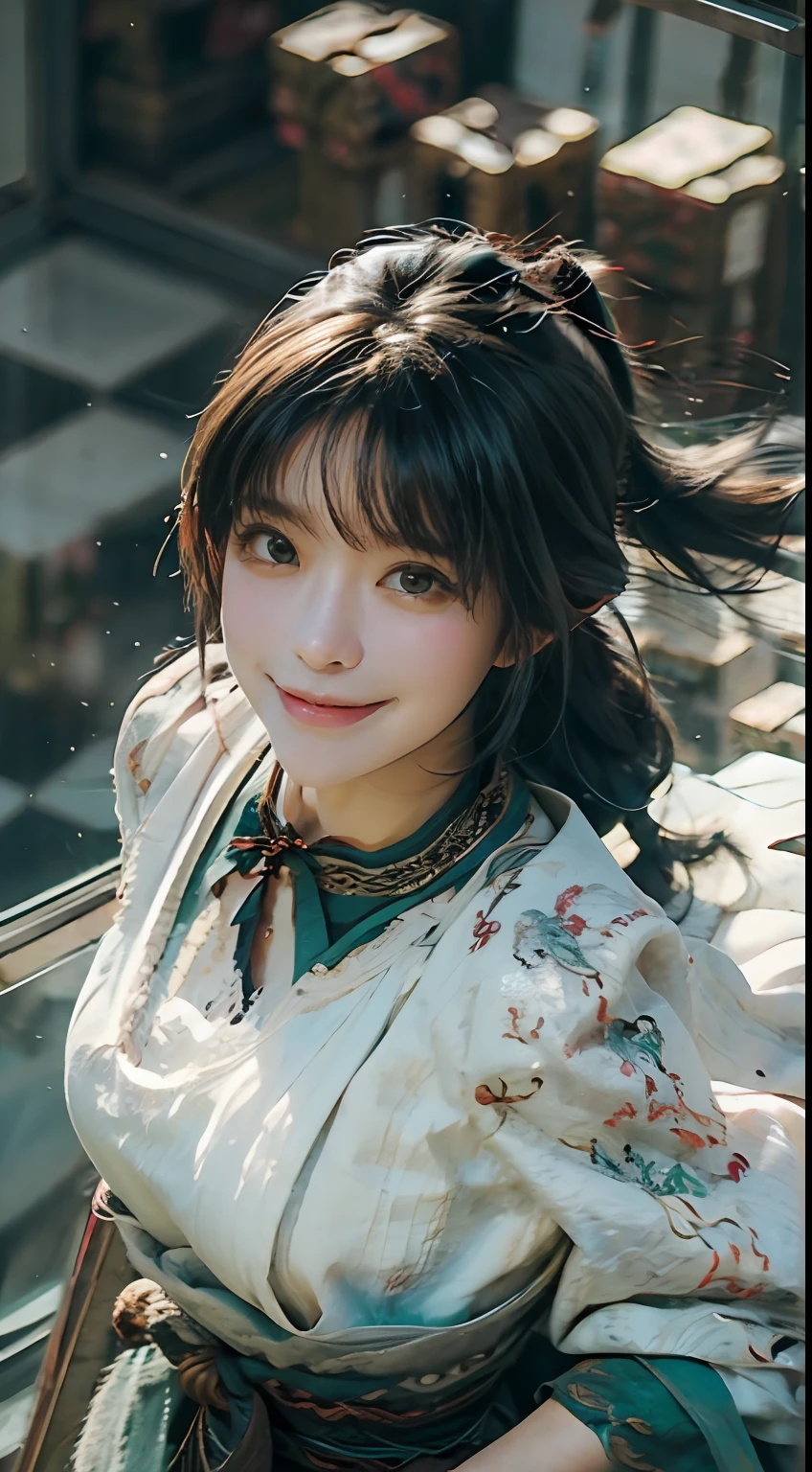 braidedponytail, Dragon horns, aqua eyes, Light smile, Tonalism, Motion blur, From above, 35mm, Sony FE GM, 16k