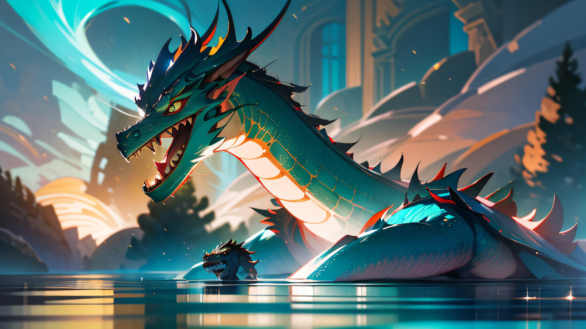 (melhor qualidade, Melhor detalhe, master part), 1 elfo feminino bonito, standing on the water, rosto claro, haughty expression, blurred reflection, background is a western dragon, elementos de gelo e fogo, particuls, ray tracing, hd render, detalhe HD, Epic composition, 8k
