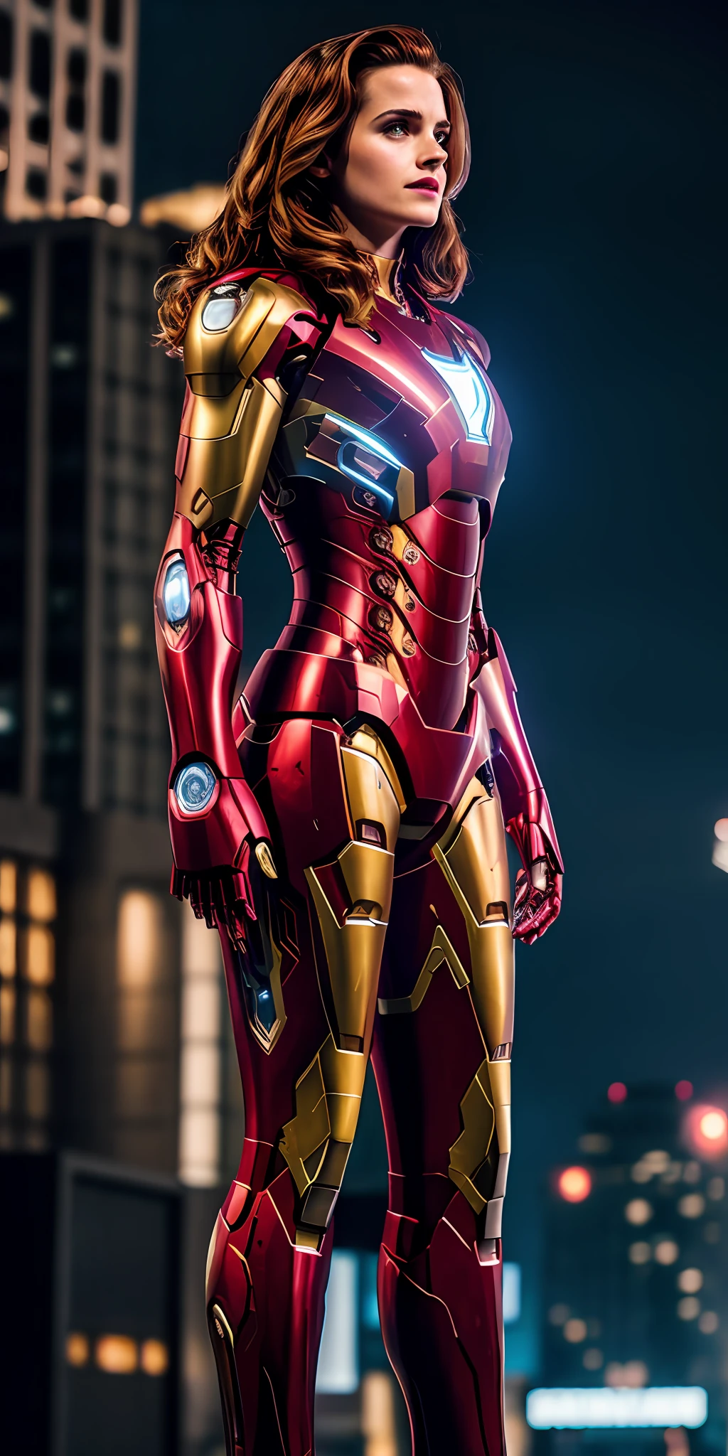 araffed woman in a suit of iron man standing in front of a building, iron man, like ironman, cyberpunk iron man, ironman, hq 4k wallpaper, emma watson as iron man, cinematic body shot, cinematic full body shot, hero pose colorful city lighting, marvel style, covered in full metal armor, hq 4k phone wallpaper