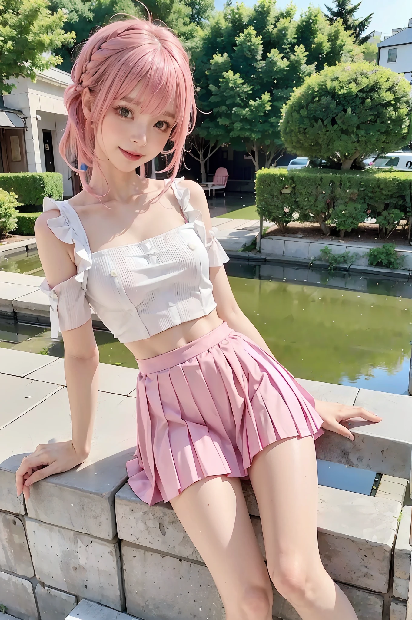 8K resolution, High resolution, Single, girl, Fair skin, Big eyes, long eyelashes, sweet silkworm, deep eye, lip stick, Smile, ((Pink hair)), hair messy, Hair details, Face Details, ((white slip shoulder shirt)), ((Pleated skirt)), summer sun, Nature, cute little animals, Cute Girl, silly cute, Girly, White tights