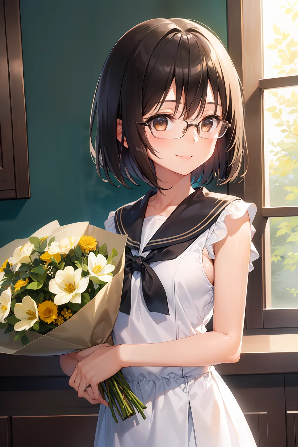 (girl with、Gamine、A dark-haired、short-hair、straight haired、hair adornments、Light brown eyes、A smile、wearing black glasses、small tits、cute face)、masterpiece、top-quality、a sailor suit、Bouquet of flowers in both hands