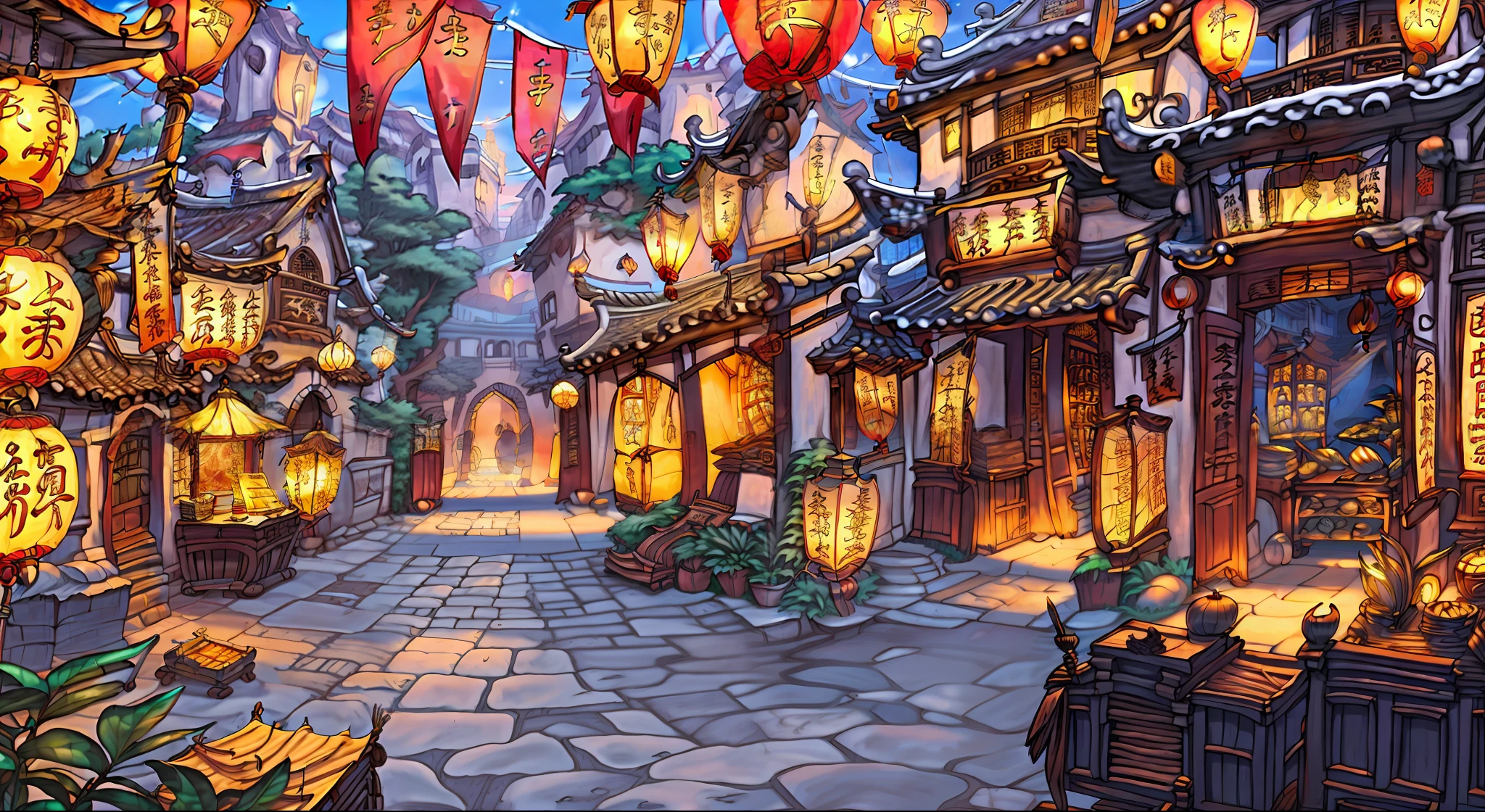 Ancient Chinese streets，China-style，ancient buildings，shop，booth，wide wide shot，the night，full of lights，lanterns