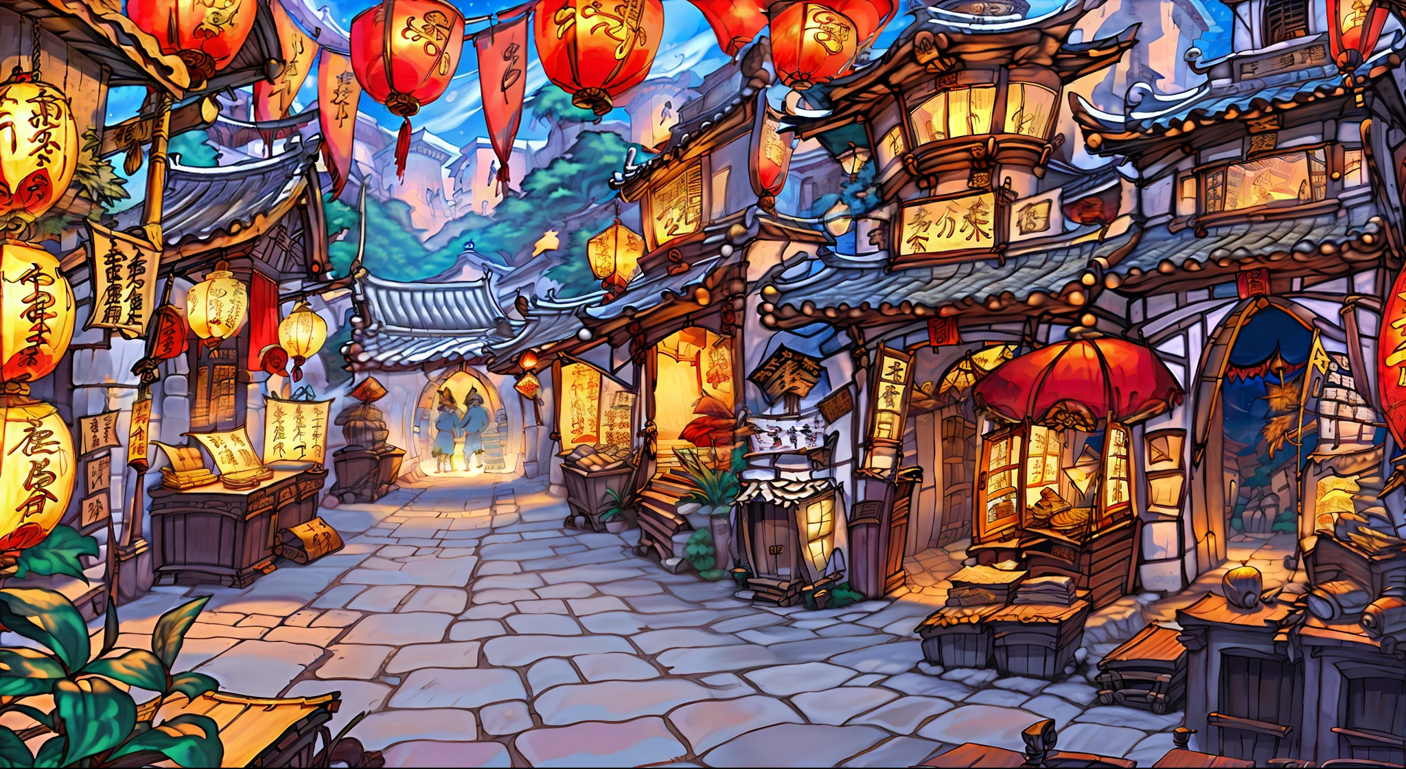 Ancient Chinese streets，China-style，ancient buildings，shop，booth，wide wide shot，the night，full of lights，lanterns