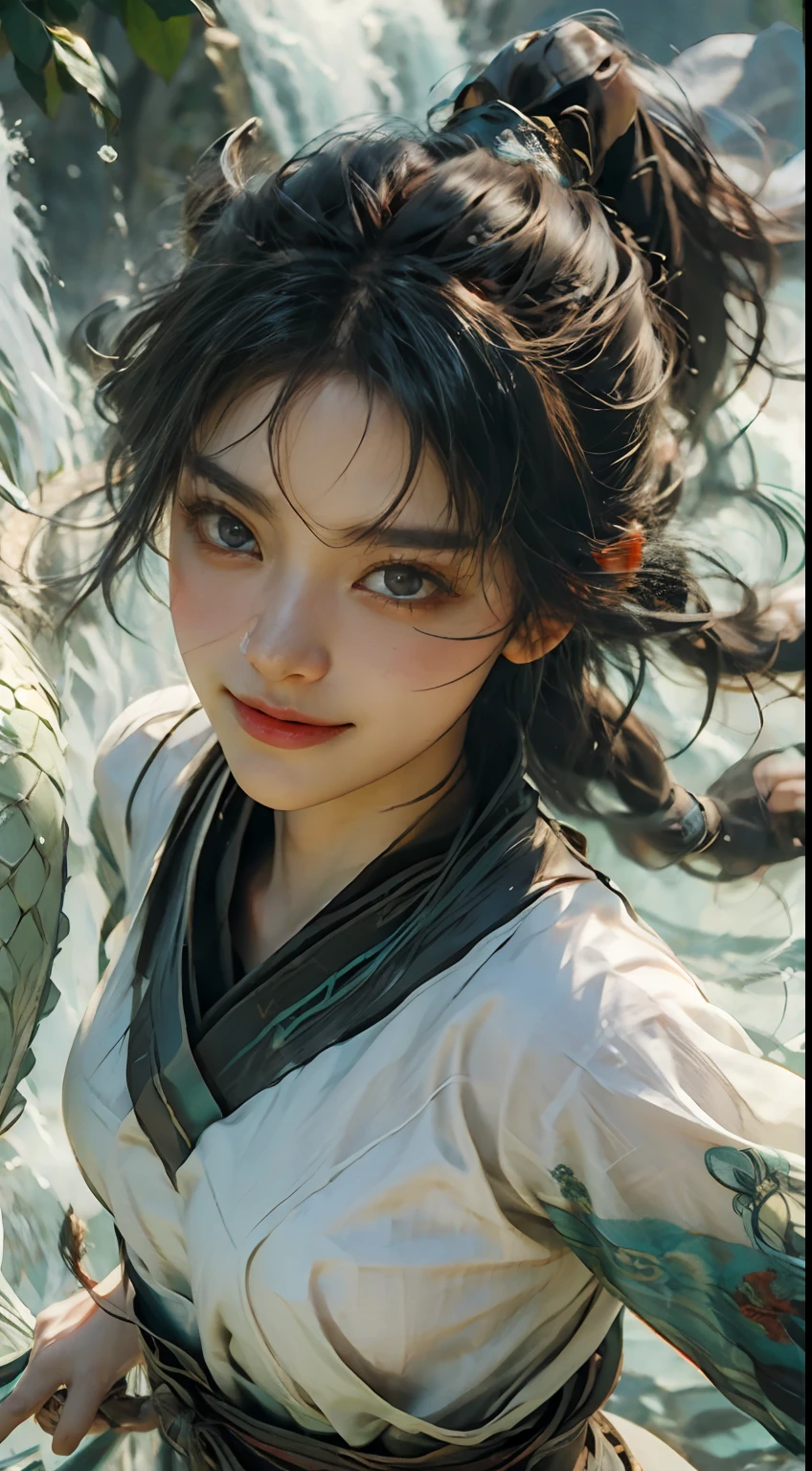 braidedponytail, Dragon horns, Colored Contact Lenses, Light smile, Tonalism, Motion blur, From above, 35mm, Sony FE GM, 16k