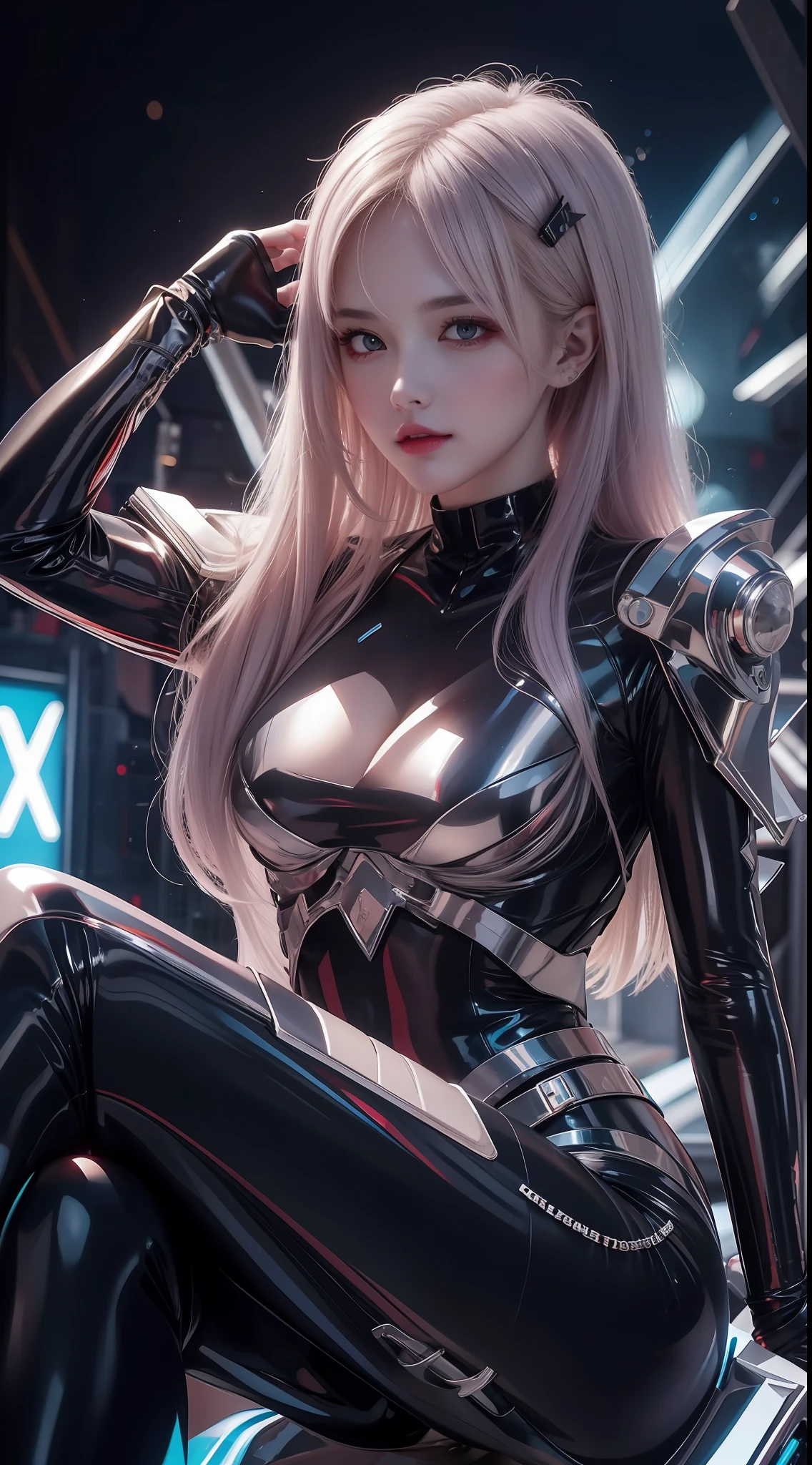 8K uhd, materpiece, a beautiful girl, detaild eye, good face, detaild eyebrow, cyberpunk outfit, lightning outfit, cyberpunk, Cyberspace, cyberpunk shining colorful background, neon effect, Spreading lighting, red lighting, sitting, body capture,