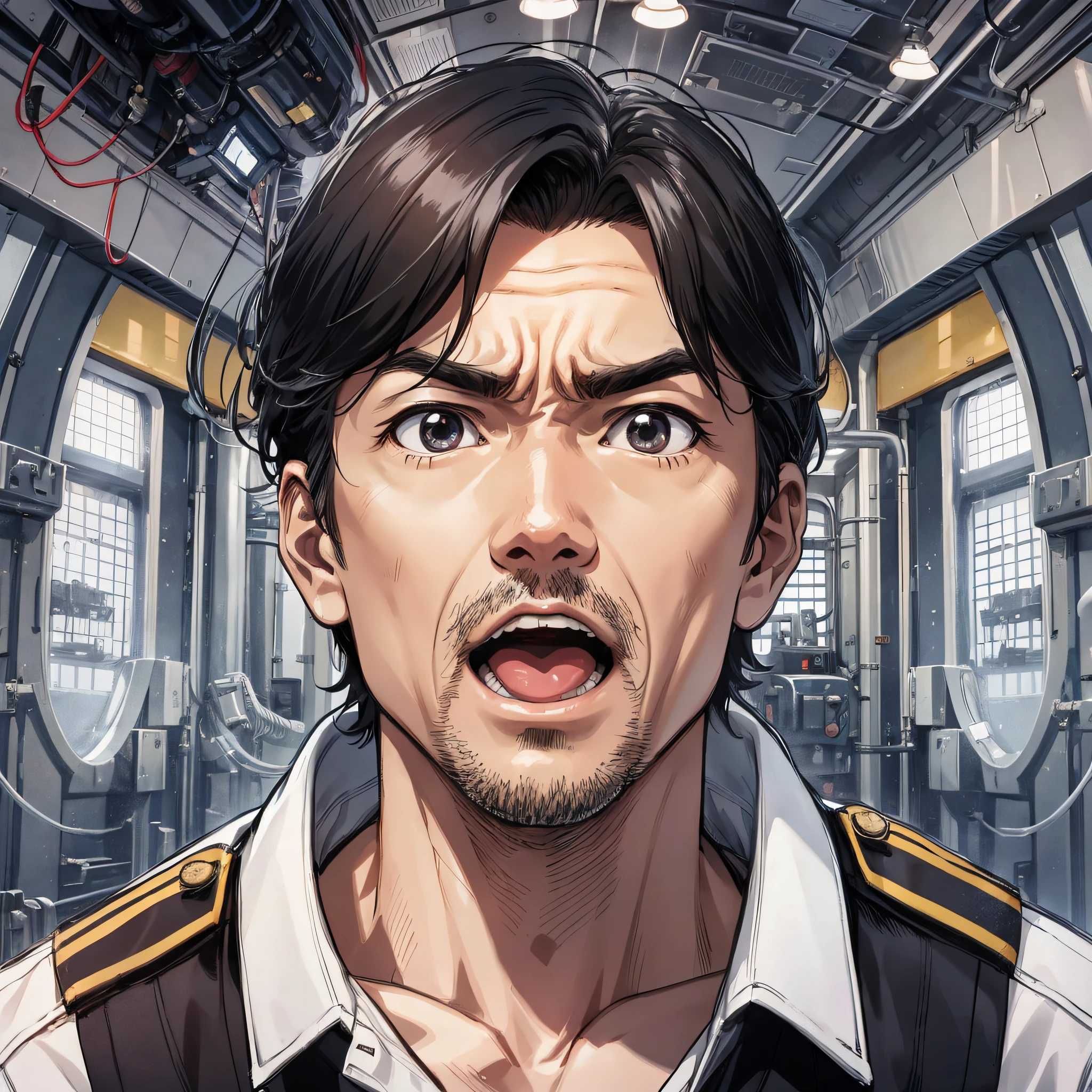 Ridiculous resolution,A high resolution,(tmasterpiece:1.4),Hyper-detailing,Inside the nuclear submarine,Japanese middle-aged male commander,horrified and shocked expression