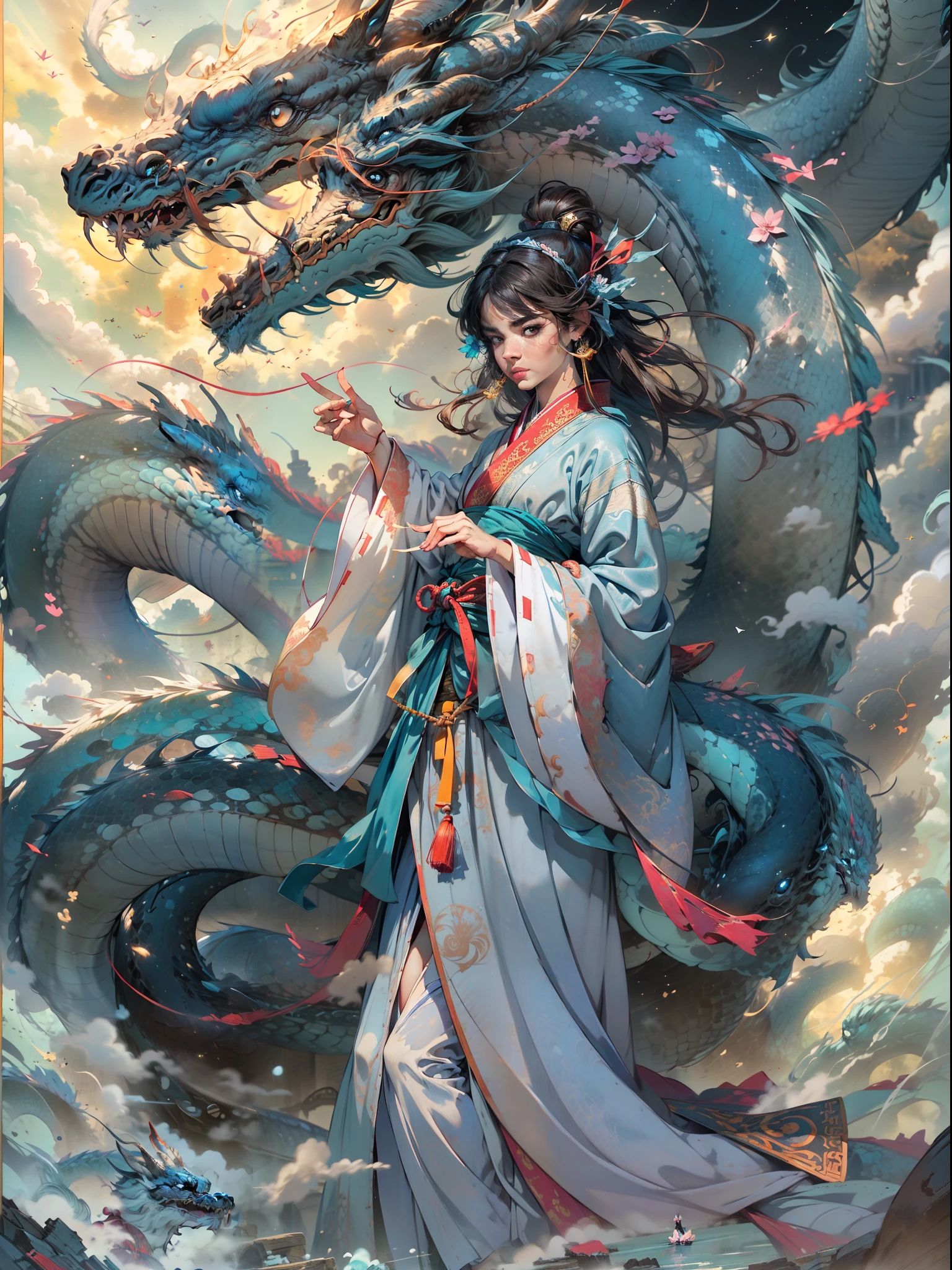 Cyan ripples，Chinese mythological dragon,Follow role-based creation, For game promotion,Horizontal Half-String Moon, blueish moonlight, Pale moonlight, Pale white, water bloom，Role subject, Golden dragon, Realistic body, oriental mythology, Ink texture, zhao yun, Martial arts,taoist robe, A painting of one of the assassins and enemies, In the style of Las Mills,  Blue and dark gray , Hiroshi Yoshida, Poster art, Starry sky nebula scale comparison, Masterpiece, Best quality,, (Masterpiece:1.4, Best quality:1.4), Illustrations, (Solo:1.2), (Original), (Very detailed wallpaper), Photographic reality, (Ultra detailed:1.4), (super complex detail), (Illustration in magazine cover style，A fashionable girl in a robe，Exquisite facial features，), posing in front of a colorful and dynamic background. She looked confident，Wearing a Taoist robe, Includes pleated skirts and knee-length socks，Nero|Brown hair) With stylish hair accessories