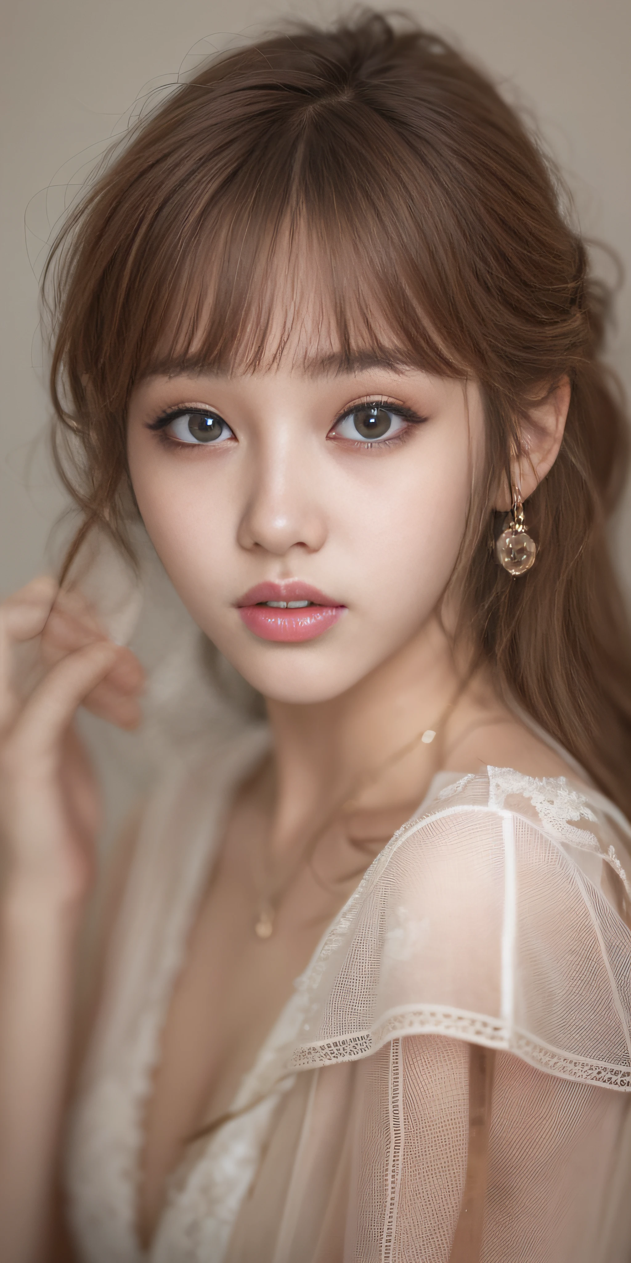 top-quality、realisitic、Photorealsitic、(intricate detailes:1.2)、(delicate detail)、(Cinematic Lights、best quality backlight)、Clear lines、Sharp focus、8k、absurderes、incredibly absurdness、huge filesize、ultra-detailliert、hight resolution、ighly detailed、extremely delicate and beautiful、RAW Photography、depth of fields、solofocus、big breasts thin waist、A slender、26-year-old Korean idol woman、(Brown hair:1.2)、Brown eyes、undersized head、Fashionable girl、beautidful eyes、(middlebreast:1.2、small areolas)、lifelike face、real looking skin、A detailed eye、detailed facial features、detailed clothes features、(Fashion clothes:1.3)、(Fashion hairstyles: 1.3) Dynamic poses、Gaze towards the viewer、simple background、a smile、A detailed face、Detailed chest、( pureerosface_v1:0.53), (ulzzang-6500:0.33), lightroom, nsfw