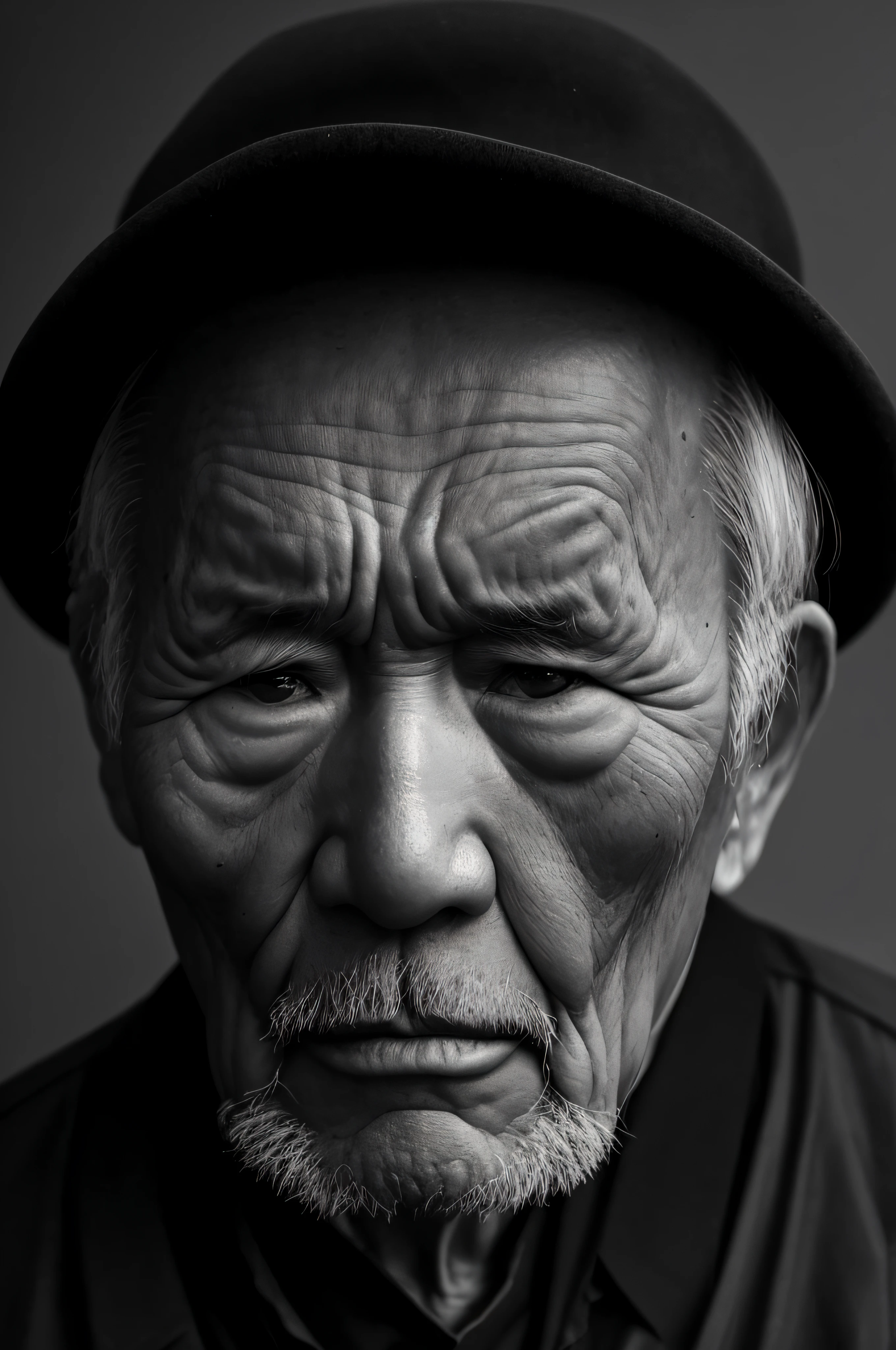 a old man,Chinese face,Vicissitudes,naive, Eyes full of resentment 08k, photography of, big breasts beautiful, greybackground, tmasterpiece,top-quality,best qualityer,offcial art,Beautiful and beautiful,realisticlying,up-close
