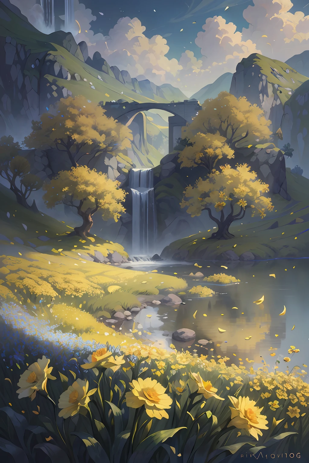 Original，（illustratio：1.1），（best qualtiy），（tmasterpiece：1.1），（the Extremely Detailed CG Unity 8K Wallpapers），（a color：1.2），Daffodil bushes，Daffodil petals，scenecy，rios|Wagas，