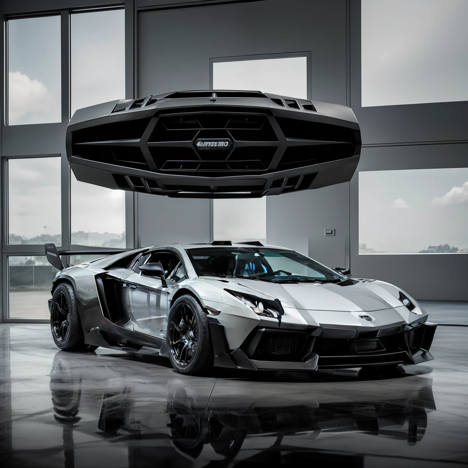 Carro aventador model super esportivo com partes neon, tinta escura cinza, carro preparado para apocalipse cyberpunk, futuristic cybernetic elements installed in the car, tinta escura, pintura velha, enquadramento distante