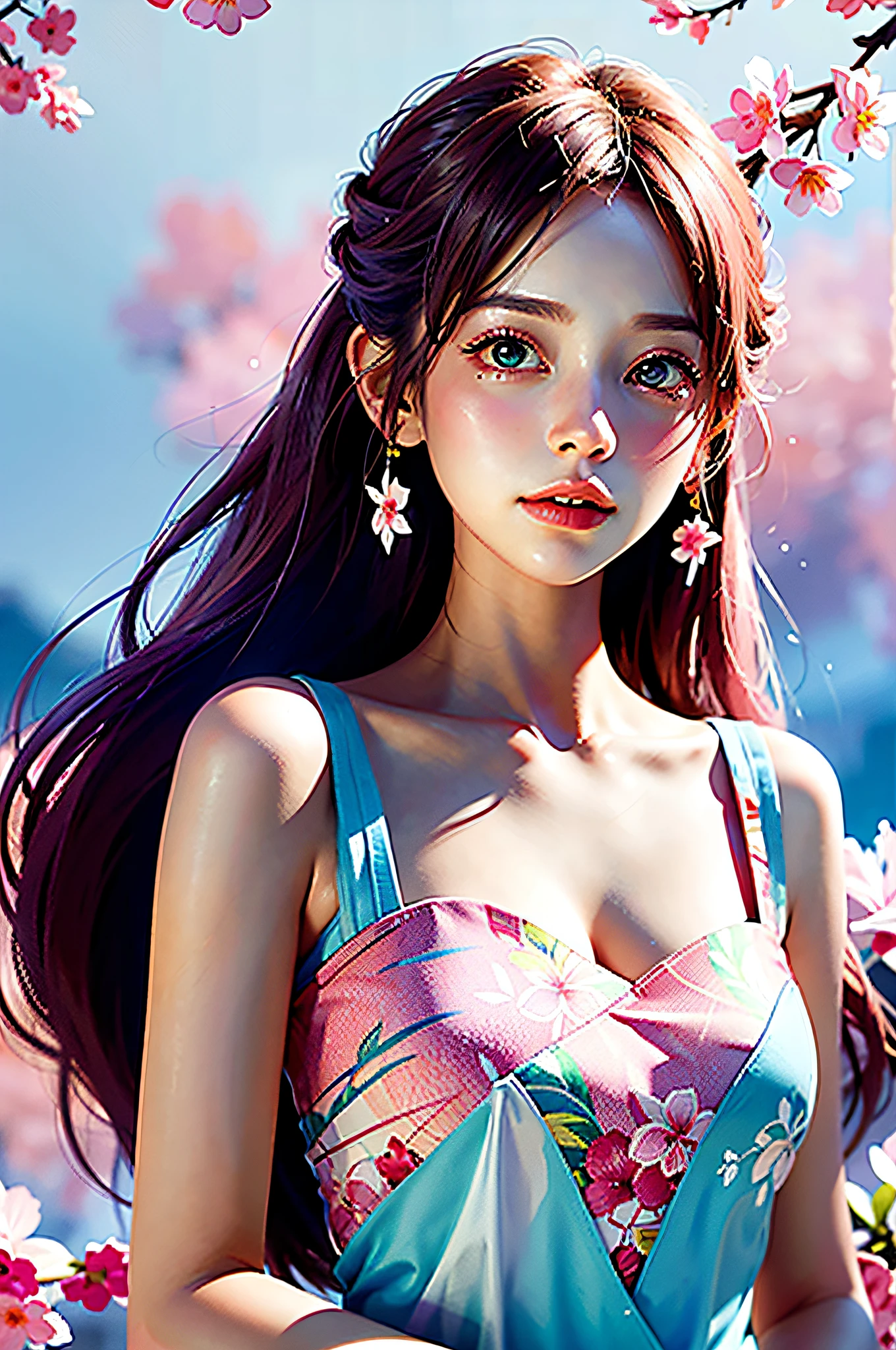 1girll，peach blossom，in the style of light pink and light azure，Dreamy romantic composition，pastel pink，ethereal foliage，playful arrangements，fanciful，hight contrast，Ink strokes，blasts，over exposure，Impression of purple and red tones，abstracted，（（Watercolor by John Berkey and Jeremy Man））Brush Strokes，negative space，