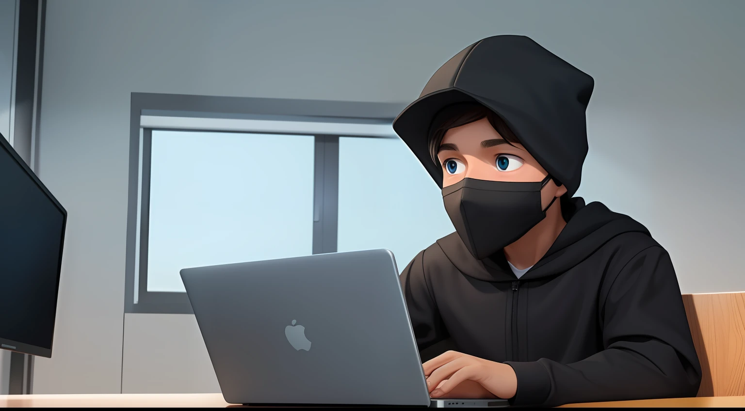 A cartoon picture of a boy in black hoddy with half of his face cover with a cap revealing only his mouth sitting in an office with a laptop on the table with him facing front