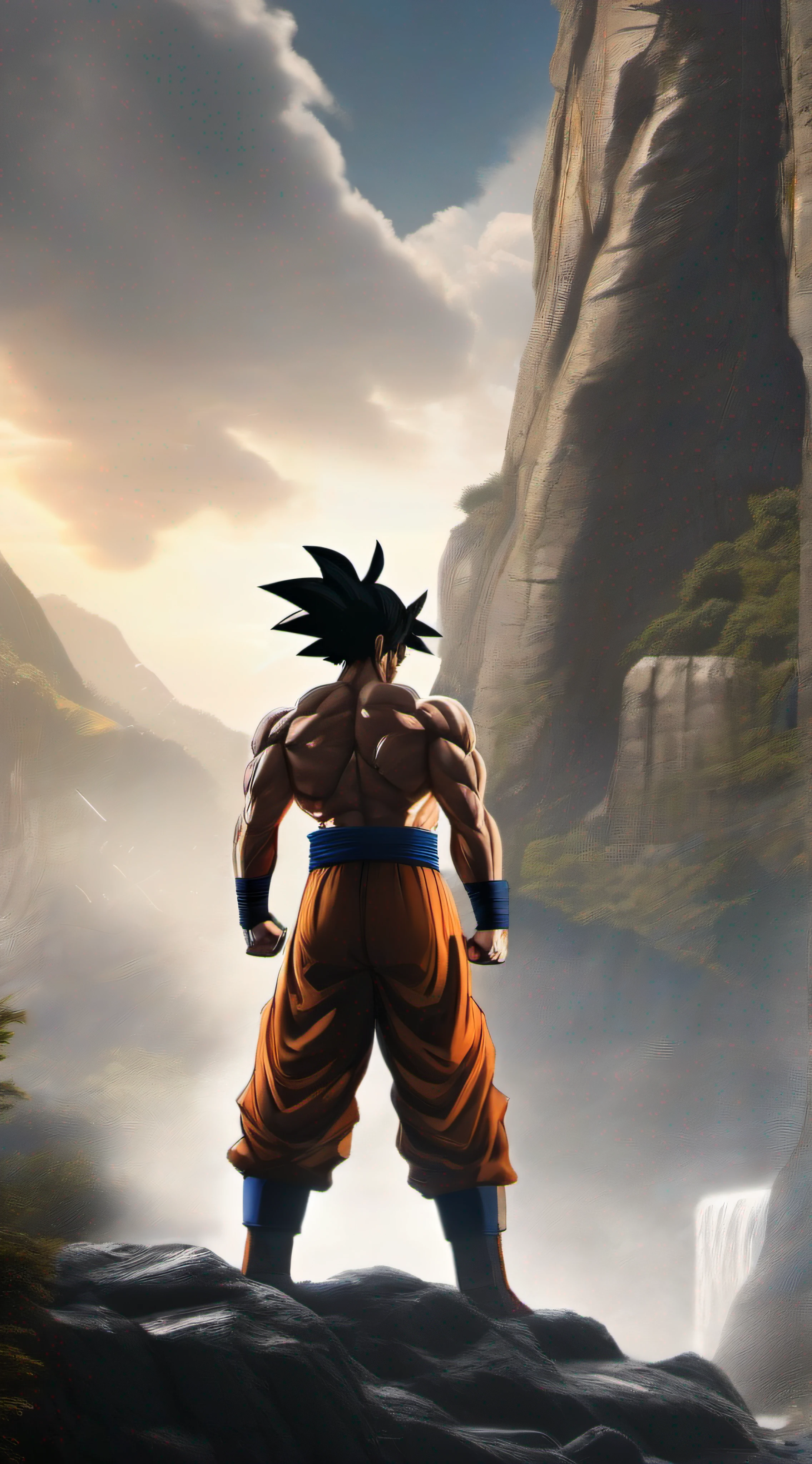 Goku stands tall, fists clenched, in his base form with his black hair neatly styled. He radiates power and readiness for battle. The background showcases a training ground, with rocky terrain and waterfalls. The artwork should convey Goku's unwavering determination and focus, with a dynamic and action-packed style. (tall and powerful:1.3), (fists clenched:1.2), (neatly styled black hair:1.4), (power and readiness for battle:1.5), (training ground:1.3), (rocky terrain:1.2), (waterfalls:1.2), (unwavering determination and focus:1.4), (dynamic and action-packed style:1.4), (highly detailed), (sharp focus), (photorealistic).