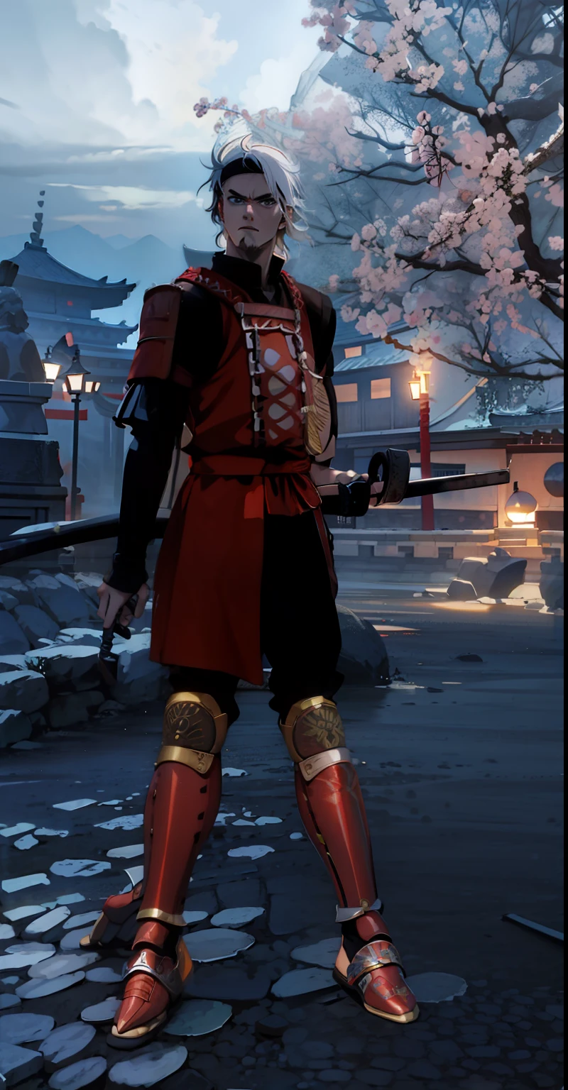 Homen Samurai com cabelo branco 8k