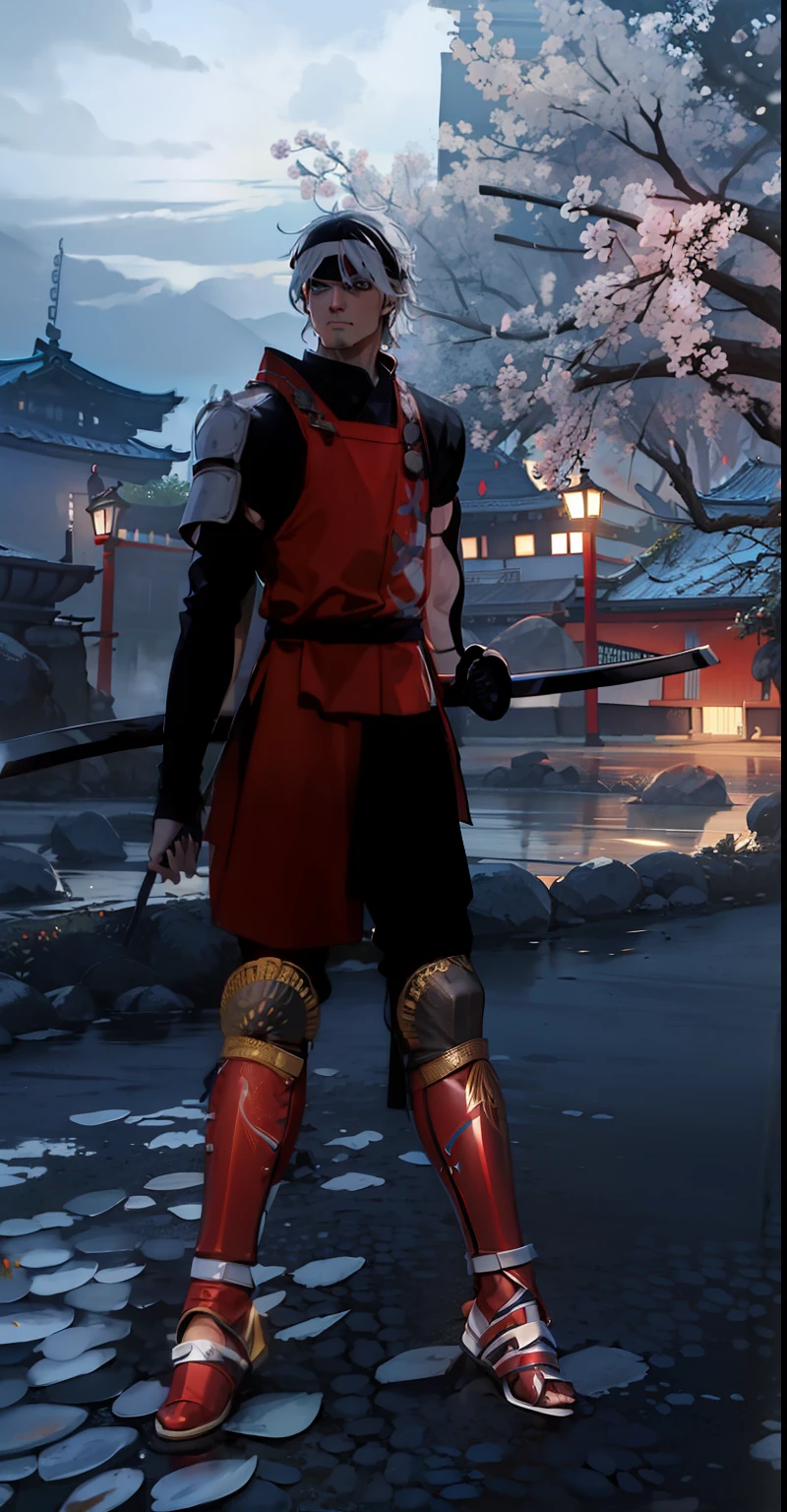 Homen Samurai com cabelo branco 8k