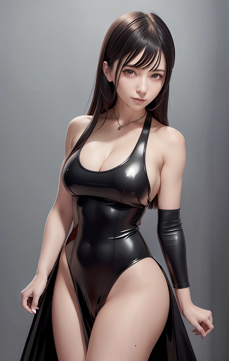 Woman in latex costume holds sword, full-body xianxia, seductive tifa lockhart portrait, White panties are visible from the super mini skirt、Inspector Pepper's Pose、poneyTail、goddess of Japan, Tifa Lockhart, Anime girl cosplay, wearing atsuko kudo latex outfit, Tifa, wearing a black noble suit, gorgeous chinese model, glamorous tifa lockheart, Portrait of Tifa Lockhart, tifa lockhart