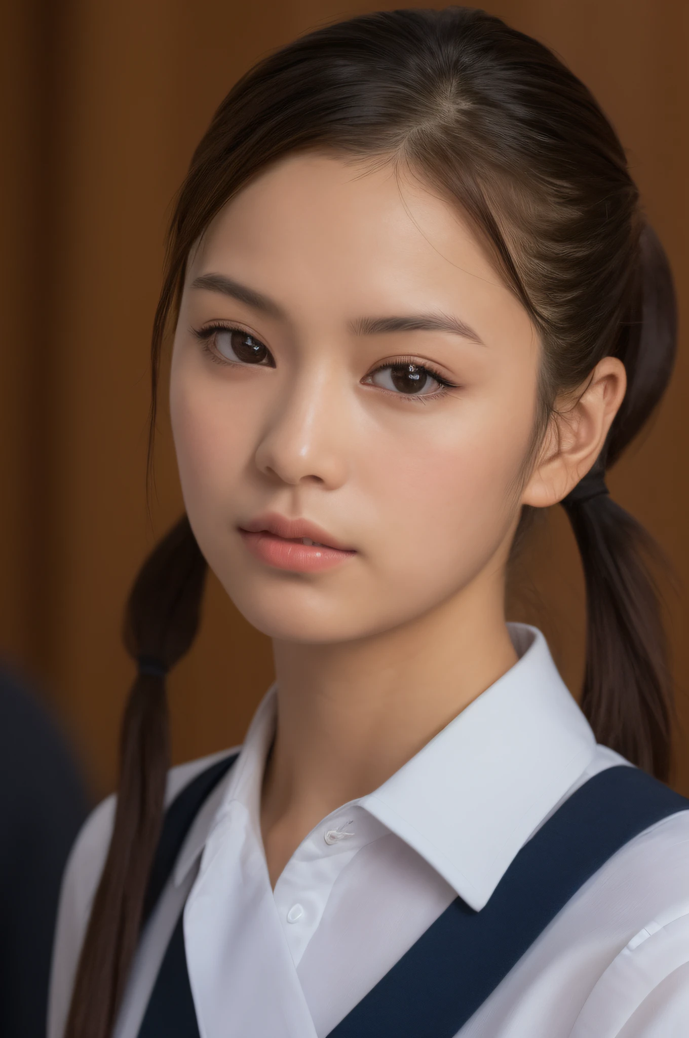 ((best qualtiy, 8k, tmasterpiece:1.3)), sharp:1.2,  ((pony tails:1.2)), Highly detailed facial and skin texture，A detailed eye，二重まぶた，Look sideways at the camera，Dressed in uniform，Bar background，The expression is haughty