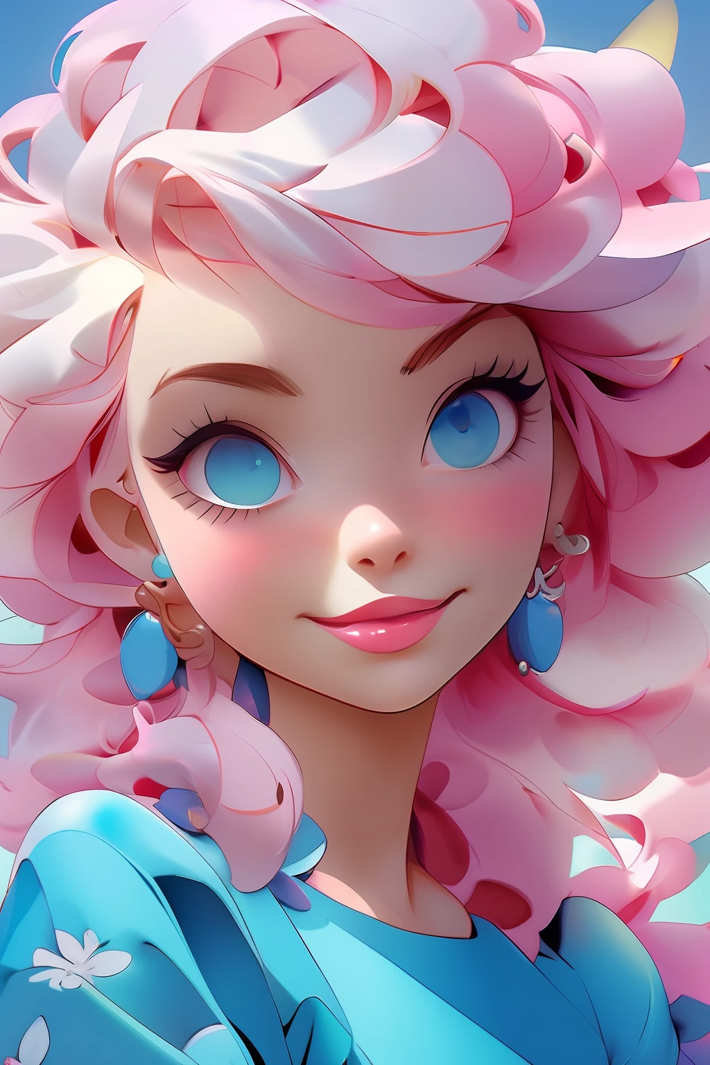 (NIJIFTB), 
a cartoon character with a pink hair and blue eyes wearing a blue dress and pink earrings and a blue dress with pink flowers on it's shoulders,