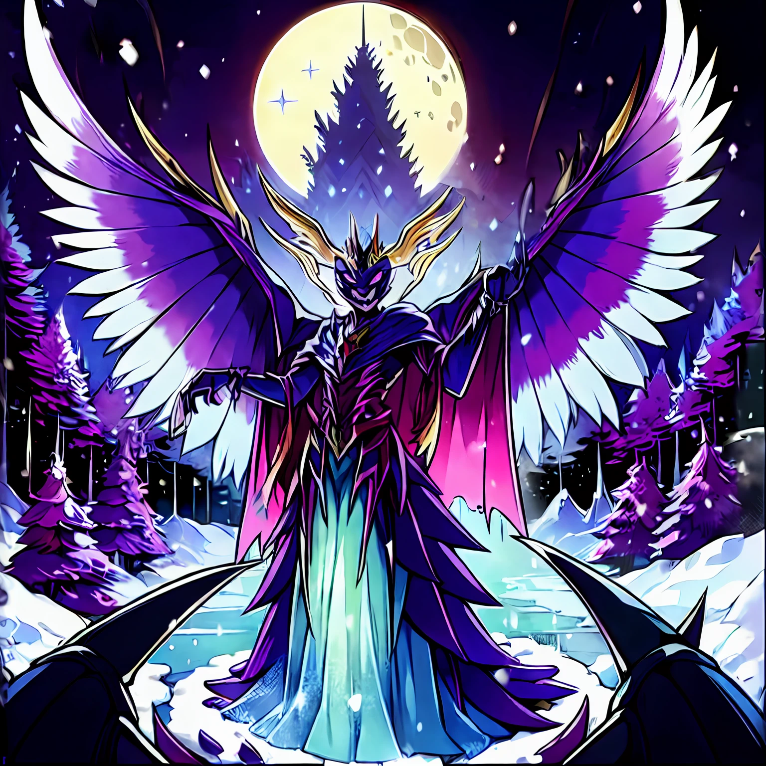 digimon \(creature\),masterpiece, best quality, Beautiful Art Style, 1boy, Solo,young man, ((Vil Schoenheit as a Digimon)), ((Evil queen from Snow White themed )),((Glass Wings)), ((Bird like)),((Purple Skin)),(( Blonde hair with a purple gradient))((White , Purple and Light blue color scheme)), Dynamic pose, Mid transformation sequence , pose(pain , Anguish), ((Evil))