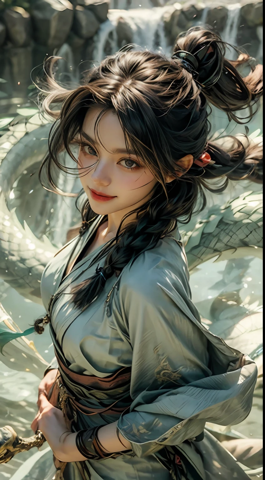 braidedponytail, Dragon horns, Colored Contact Lenses, Light smile, Tonalism, Motion blur, From above, 35mm, Sony FE GM, 16k