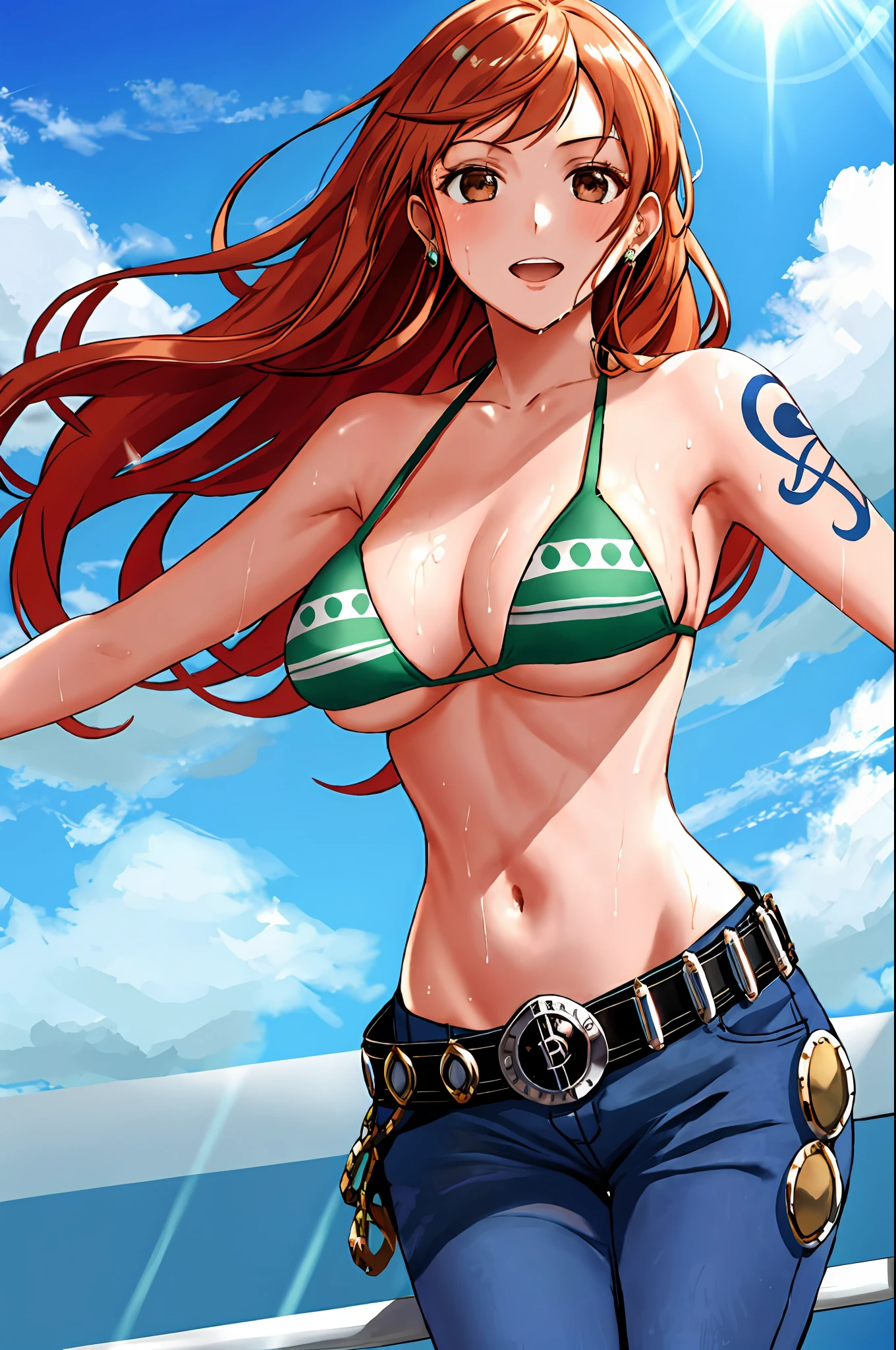 detailed background, masterpiece, 4k, best quality, late youth, adult, wrestler body, 1girl, active, energic, uppercut, (large mouth) , solo, nami \(one piece\), 1girl, bangle, (very wet, drenched in sweat, sweat all over body, very wet hair, tired, taking breath, open mouth, hand on stomach, sweaty face, sweaty body, panting, sweating too much, shiny sweat, leaning), perfect detailed face, bold drawing lines, muscular arms, detailed bold arm lines, flat jaw, adult woman, wavy wide streaked bangs, floating bang streaks, (big cheeks), bare shoulders, off-shoulders, belt, bikini, bikini top only, blue sky, bracelet, springy breasts, breast lines, big round eyes, plain big brown shiny eyes, bubbles, high eye position, cleavage, cloud, day, denim, earrings, floating hair, shiny hair, green belt, green bikini, bold groin lines, jeans, jewelry, large breasts, log pose, long hair, looking at viewer, navel, wet hair, orange hair, pants, shoulder tattoo, sidelocks, sky, solo, standing, stomach, swimsuit, tattoo , looking at viewer, open mouth, detailed left arm, big forehead, hourglass figure, small head, toned body, wide hair, wind effect, sun effect, under the sun, narrow small ears angle, older, random poses,