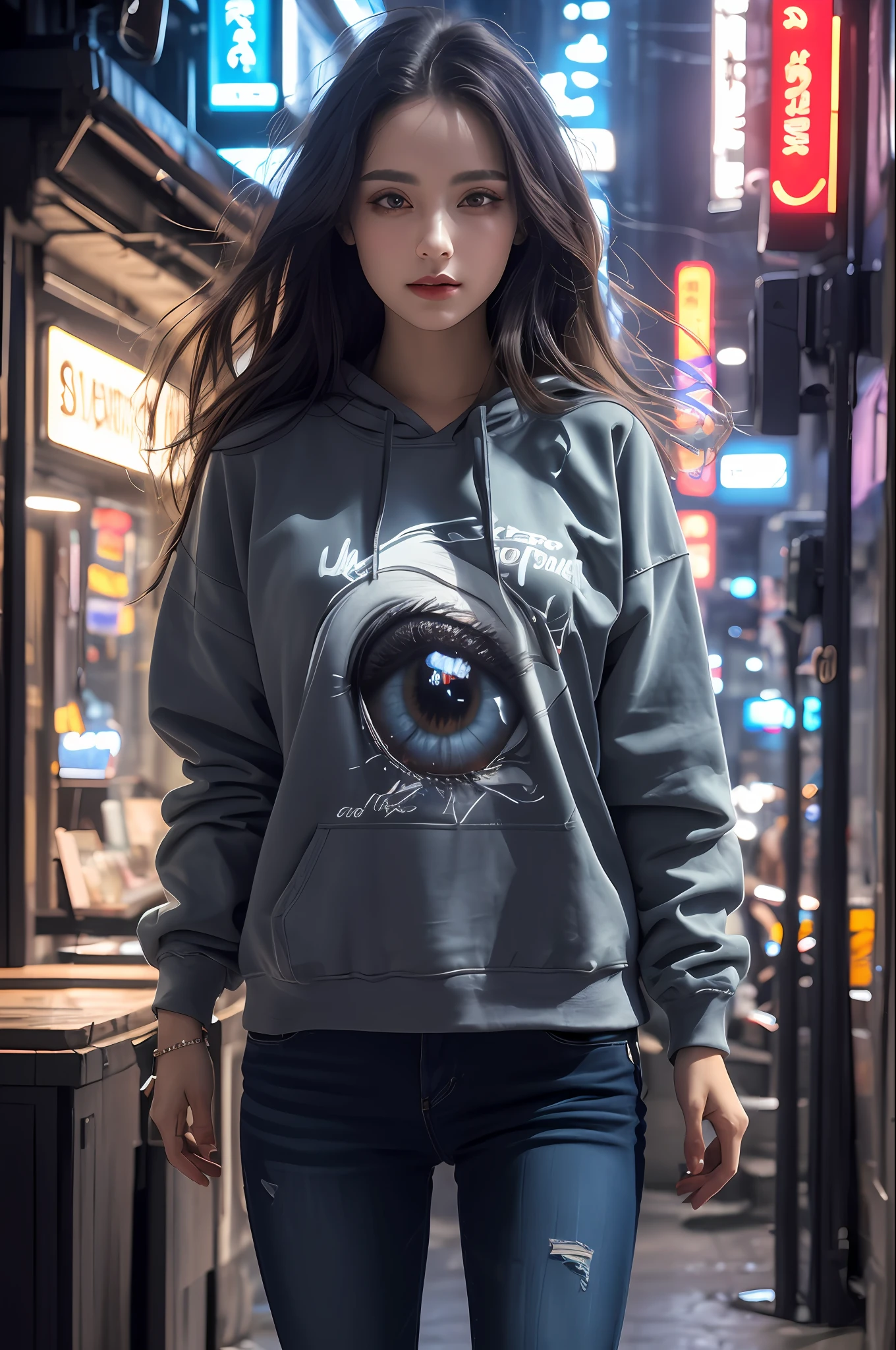 (top-quality, masterpiece:1.2) | A detailed eye:1.2 1 female ,Solindo (dynamic ungle, POV, faces, The long-haired,Gun Shop) gargantilha, The shirt, Open sweatshirt, finely detailed, masterpiece, Cyberpunk-style clothing