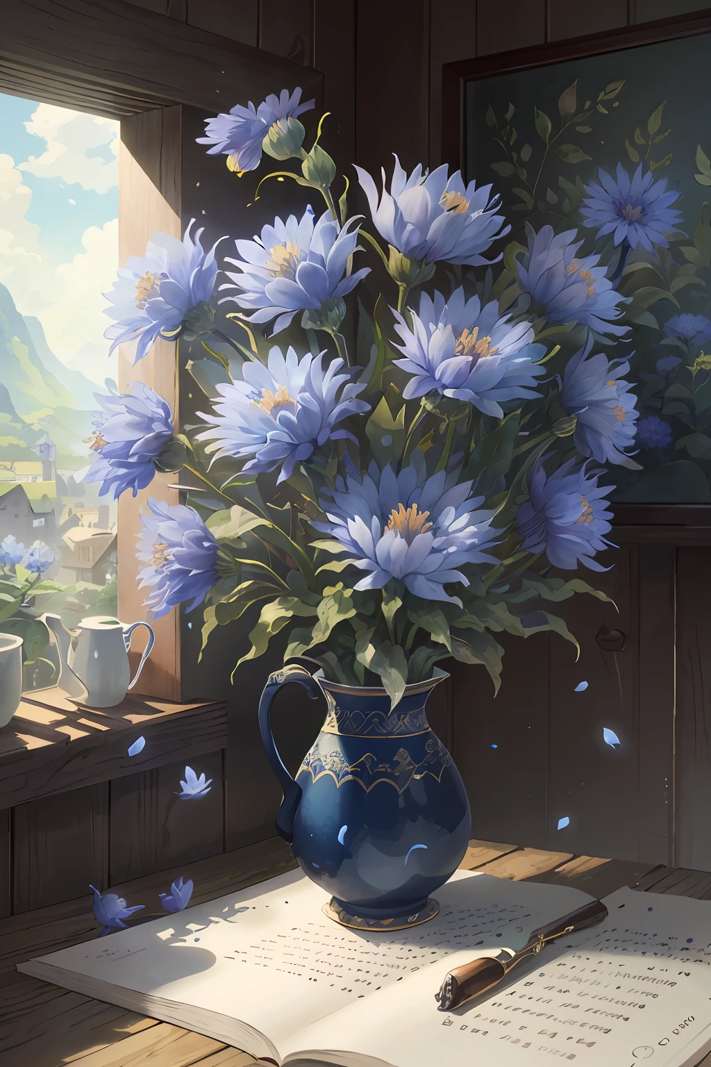 Original，（illustratio：1.1），（best qualtiy），（tmasterpiece：1.1），（the Extremely Detailed CG Unity 8K Wallpapers），（a color：1.2），Cornflower，Cornflower petals，scenecy，rios|Wagas，