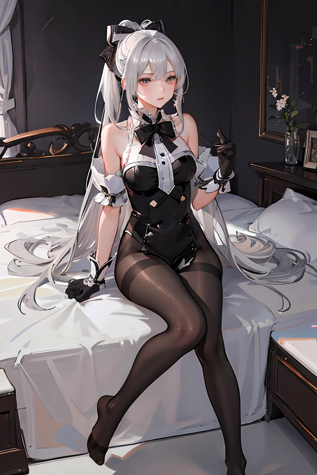 (((1 girl)),ray tracing,(dim lighting),[detailed background (bedroom)),((silver hair)),((silver hair)),(Fluffy silver hair, plump slender girl)) with high ponytail)))) Avoid blonde eyes in the ominous bedroom ((((Girl wears intricately embroidered black high-waisted pants with pantyhose) and white ruffled bow gloves), showing a delicate slim figure and graceful curves, correct limbs, sitting on the bed