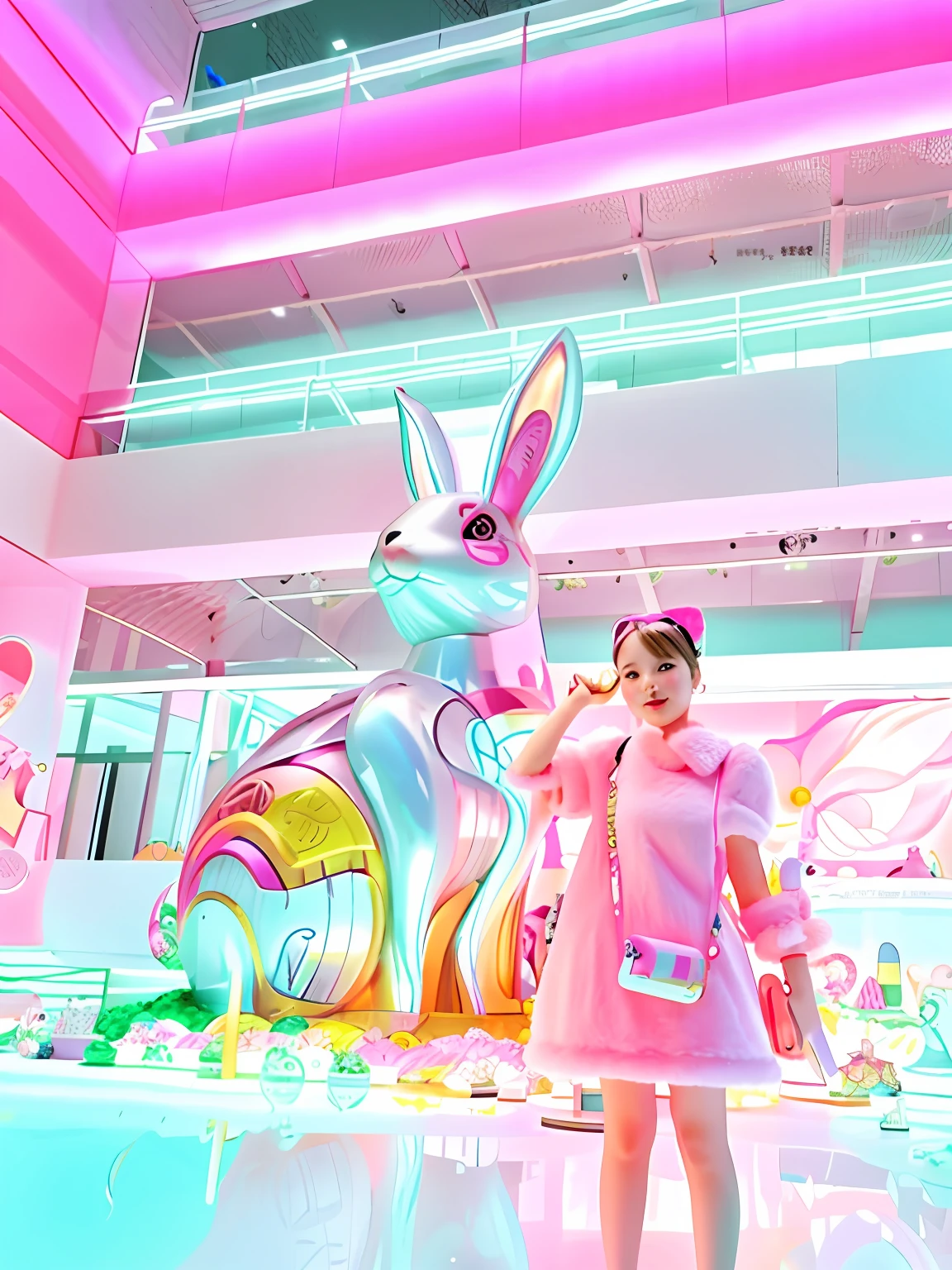 There is a girl standing next to a huge rabbit statue, wearing a pink rabbit costume, giant alice in wonderland, Chinese New Year in Shanghai, the bunny has pink fur, large translucent art statues, author：vivy, the bunny has pink fur, koons, with big rabbit ears, ultrarealistic sweet bunny girl, author：Jeff Koons, Wonderful, China