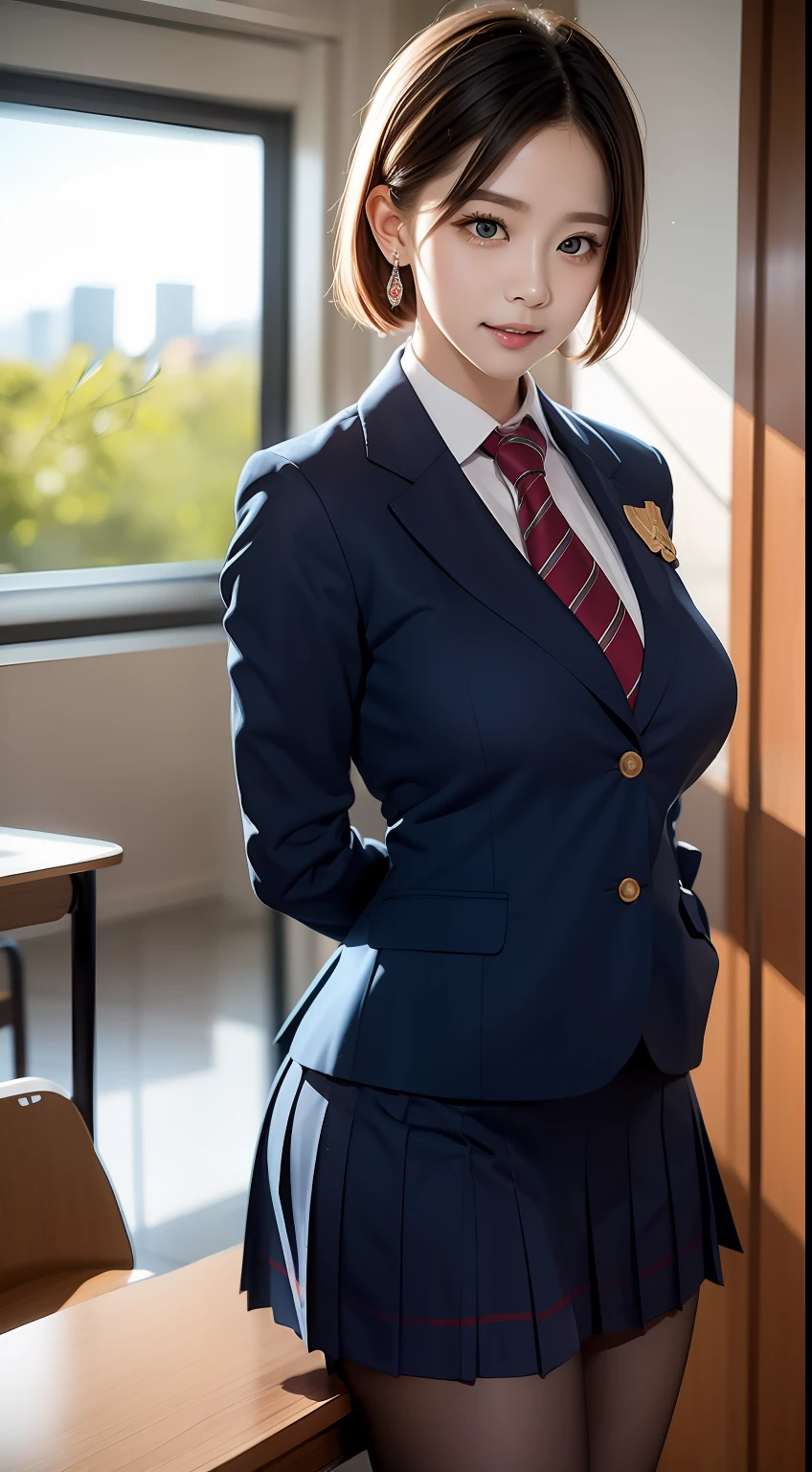 8K RAW photo, high resolution, 21 year old cool Korean, big round breasts, school uniform, tie, tie ribbon, blazer, skirt, beautiful eyes in detail, long eyelashes, beautiful double eyelids, eye shadow, slit eyes, sanpaku eyes, dark eye makeup, evil smile, beautiful thin legs, short hair gathered at the back, earrings, school classroom