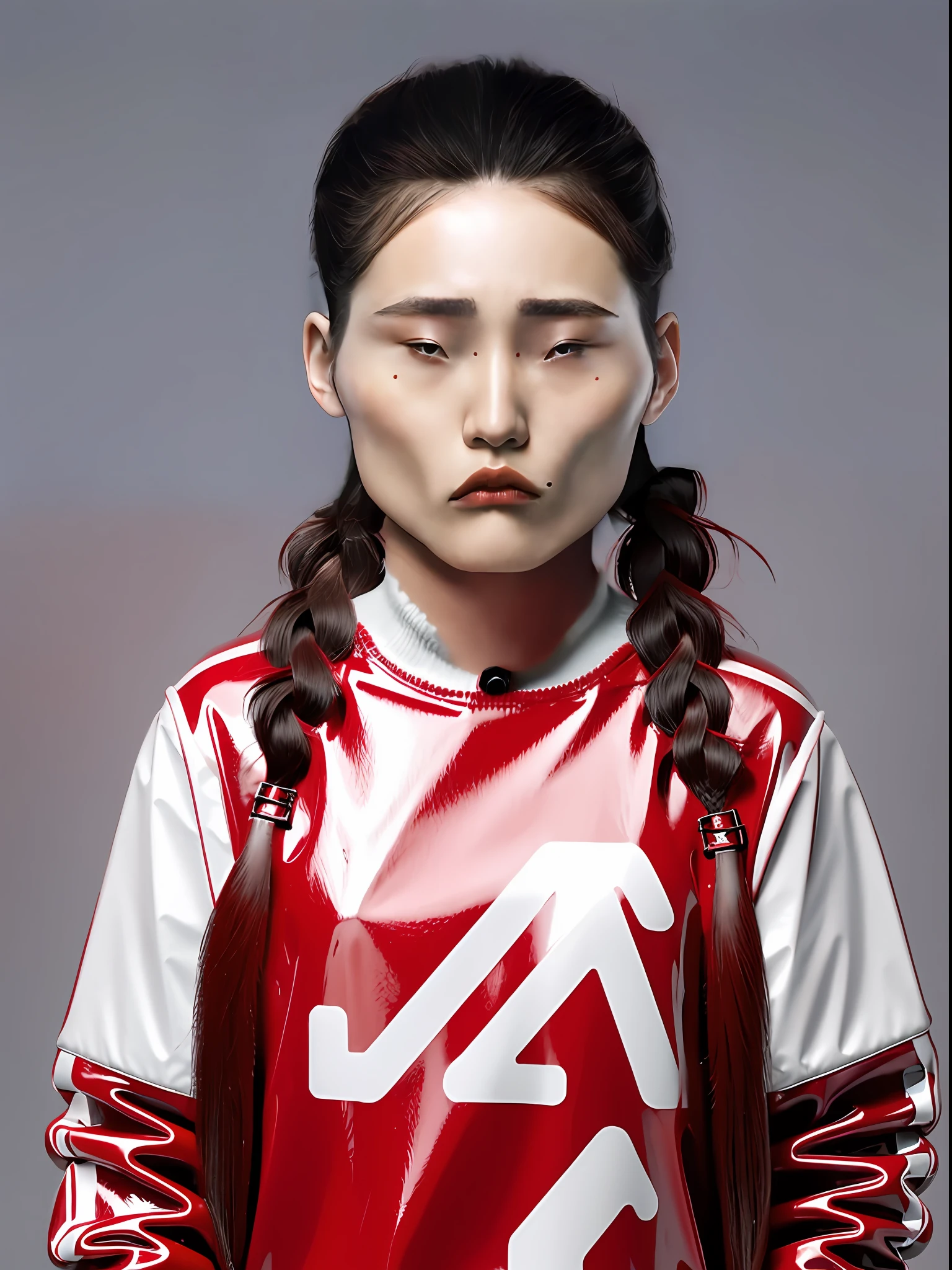 A Chinese high school girl,Wear a red PVC sweater,long braid