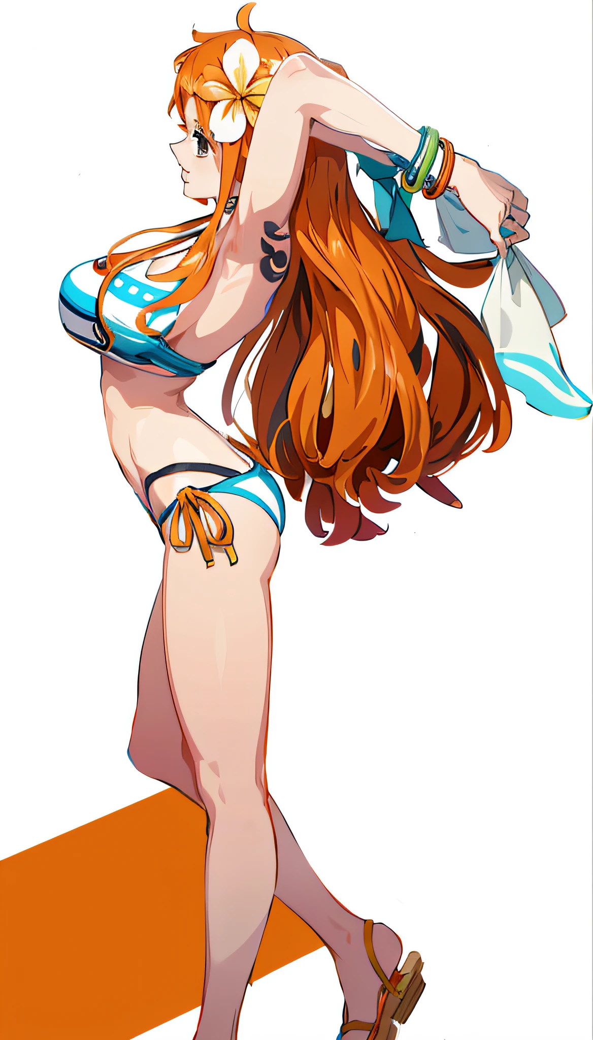 1girl, nami (one piece), long hair, bikini, swimsuit, , orange hair, undress tattoo, sideboob, side-tie bikini bottom, sandals, flower, hair flower, sunglasses, hair ornament, from side, armpits, strap gap