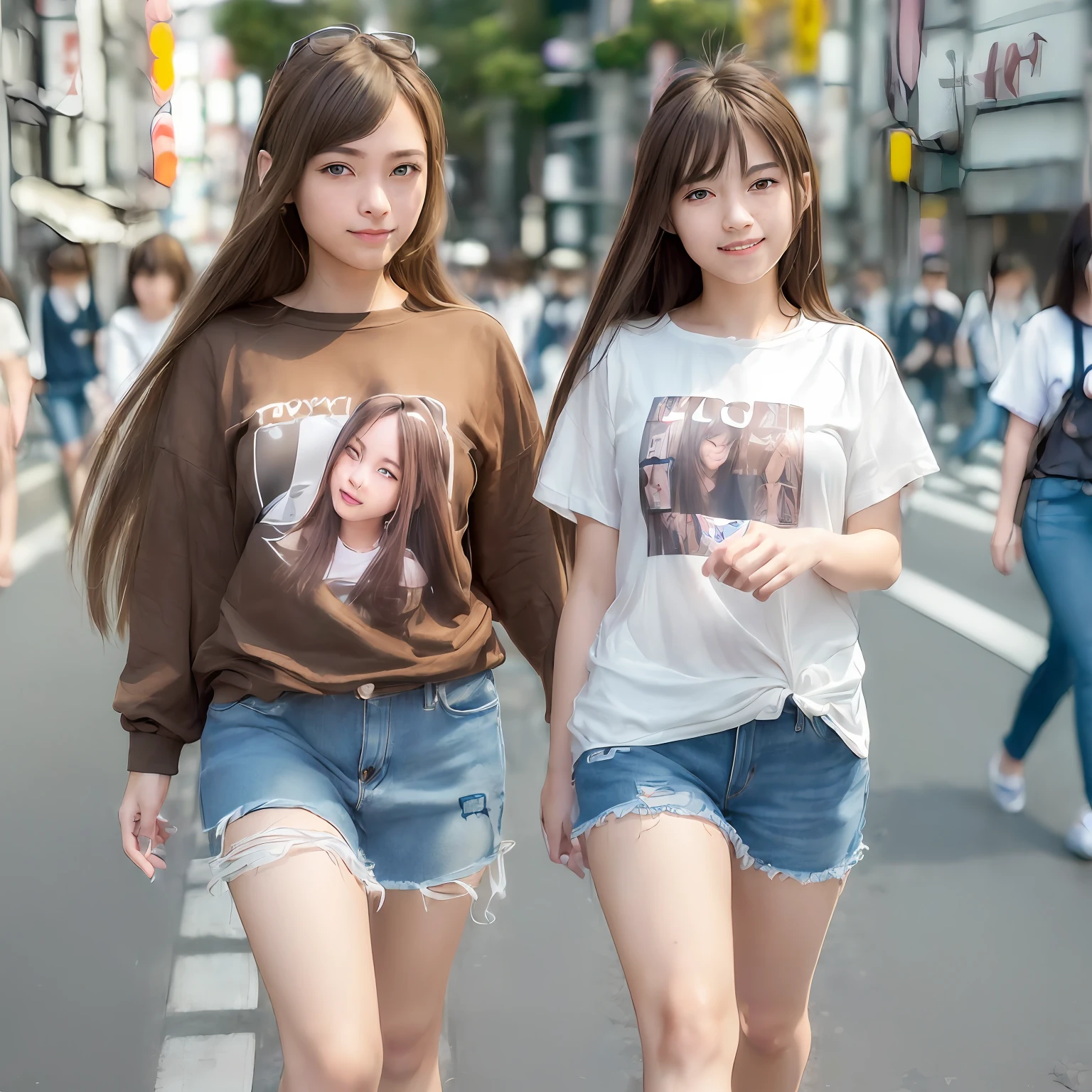 ((Busy Tokyo Street:1.2)), (RAW photo, best quality), (realistic, photo-realistic:1.3), masterpiece, an extremely delicate and beautiful, extremely detailed, CG, unity , 2k wallpaper, Amazing, finely detail, light smile, extremely detailed CG unity 8k wallpaper, huge filesize, ultra-detailed, highres, absurdres, soft light, (((medium hair:1.1), ((platinum brown straight hair)), ((floating hair novafrogstyle)), light on face, looking at viewer, ((grin:1.2)), ((2girls)), cute, young,  (full body:1.3), realistic face, realistic body, beautiful detailed thigh, , (t-shirt:1.2), (denim:1.2), closeup , portrait , sitting , close up detailed picture , high stocking, fluffy hair,  ((((19 Years Old)))),