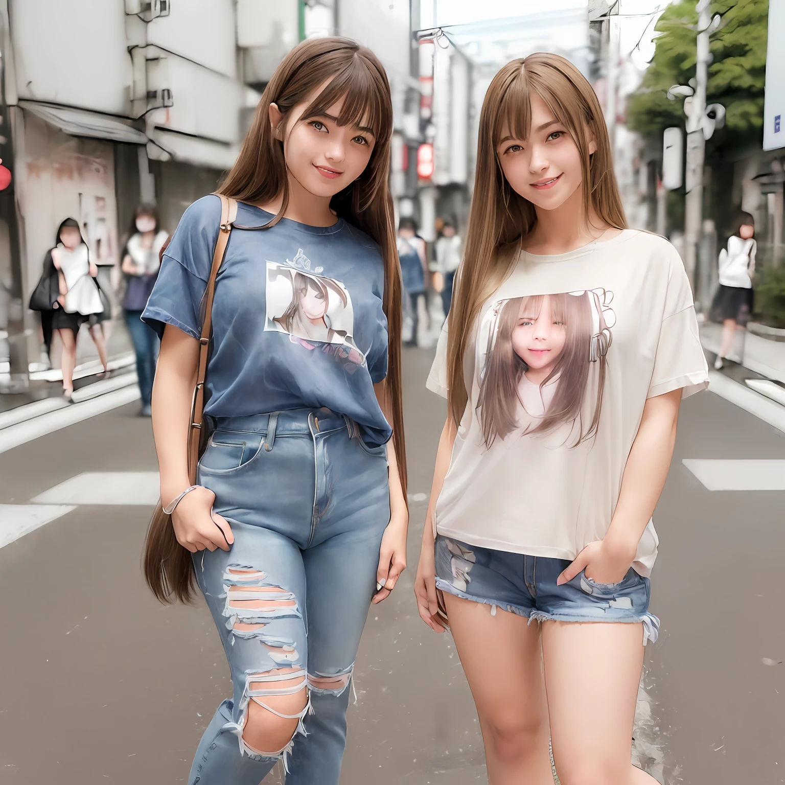 ((Busy Tokyo Street:1.2)), (RAW photo, best quality), (realistic, photo-realistic:1.3), masterpiece, an extremely delicate and beautiful, extremely detailed, CG, unity , 2k wallpaper, Amazing, finely detail, light smile, extremely detailed CG unity 8k wallpaper, huge filesize, ultra-detailed, highres, absurdres, soft light, (((medium hair:1.1), ((platinum brown straight hair)), ((floating hair novafrogstyle)), light on face, looking at viewer, ((grin:1.2)), ((2girls)), cute, young, (full body:1.3), realistic face, realistic body, beautiful detailed thigh, , (t-shirt:1.2), (denim:1.2), closeup , portrait , sitting , close up detailed picture , high stocking, fluffy hair, ((((19 Years Old)))),