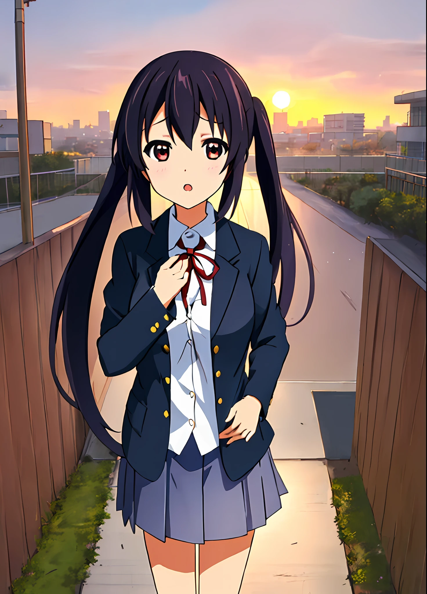 1girl, (((masterpiece))), top-quality, top-quality, High Details, nakano azusa, 1girl, Sakuragaoka High School Uniform, student clothes, Twin-tailed, length hair, A dark-haired, brown-eyed, 独奏, reddish, Dark blue blazer with thin red ribbon, Solid white buttoned shirt under blazer, illustratio, comic strip, soothing tones, Subdued Color, Soft cinematic light, adobe lightroom, photolab, HDR, intricately and hyper-detailed、(((depth of fields))))。(((masterpiece)))。(((top-quality))).)((ultra-detailliert)))。(((illustratio)))。(((takeout))).dynamic focus.((big breasts)).(((Skyscrapers))).(((A city scape))).(((Face of sadness))). open mouth.(((put hands on the hip))).(((up chest))).((evening glow)).((the setting sun)).