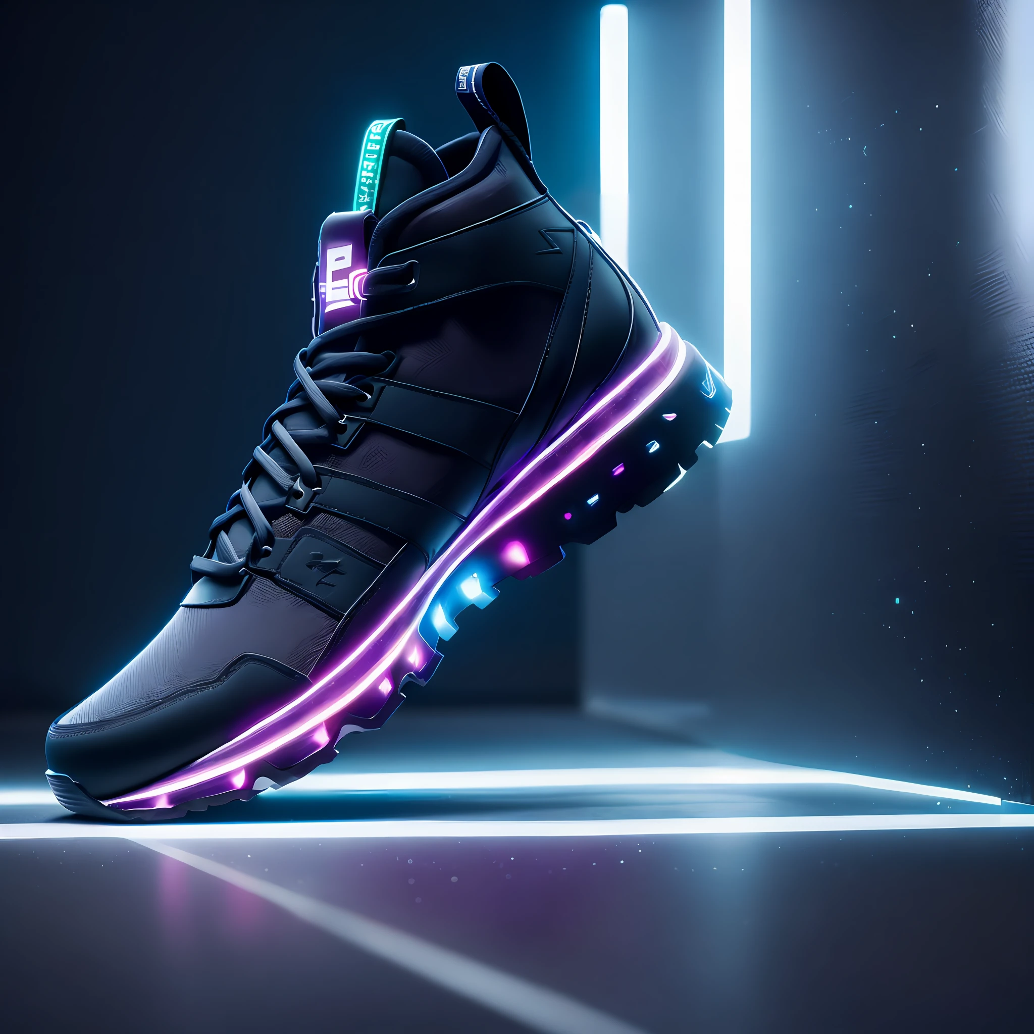 product photography of a cybepunk sneakers, epic render, octane, atmosphere, particles, soft volumetric lights, (backlit:1.3), (cinematic:1.3), intricate details, (ArtStation:1.3)