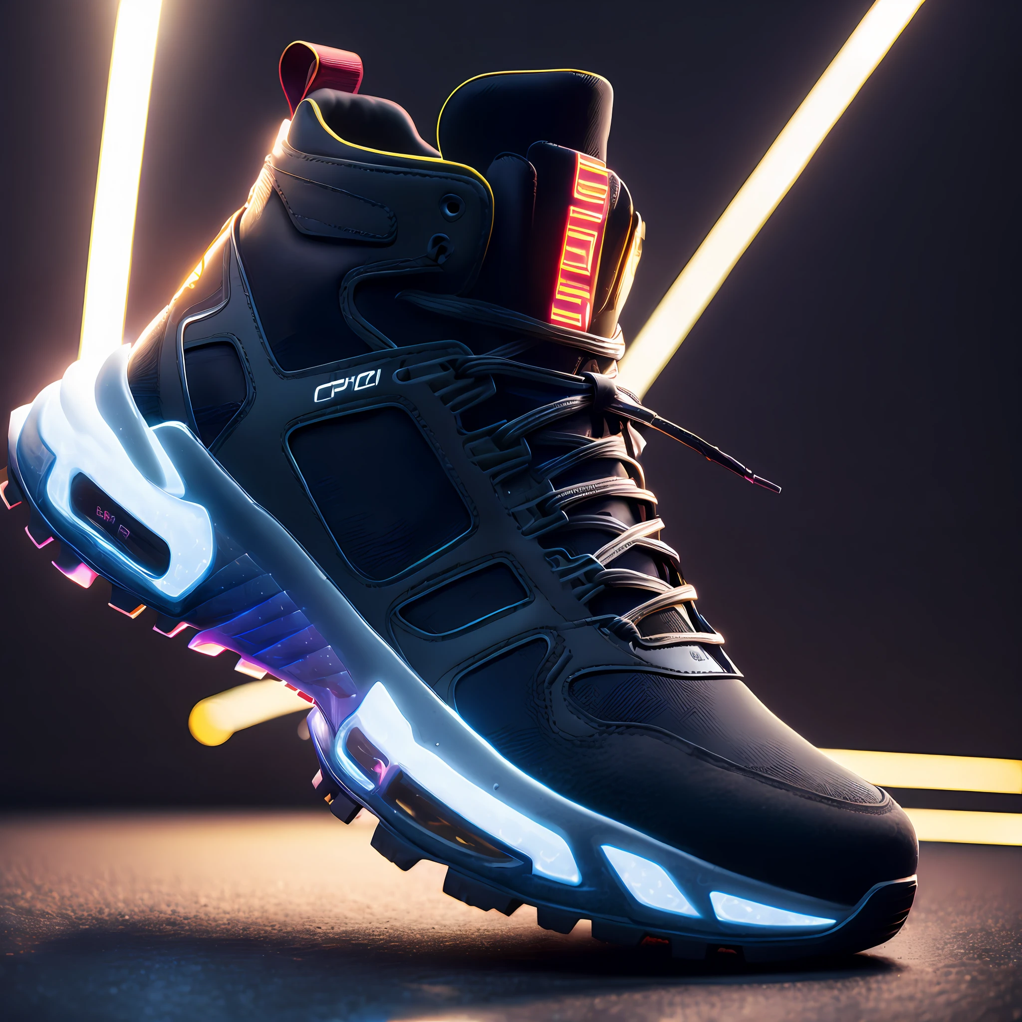 product photography of a cybepunk sneakers, epic render, octane, atmosphere, particles, soft volumetric lights, (backlit:1.3), (cinematic:1.3), intricate details, (ArtStation:1.3)