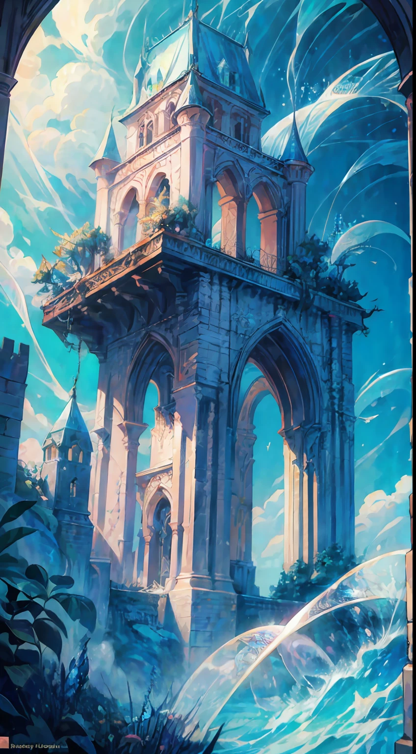 Masterpiece, High Quality, Ocean Forest, City, Fantastic Fantasy, Glowing Plants, Coral Viaduct, (Swarm of Glowing Jellyfish), (Shoal of Fish with Transparent Wings Flying in the Sky), Misty, Extreme Detail, Morning Light, Epic Composition, (Intricate Detail), (Intricate Design, Ultra Detail: 1.2), Art Station, (Masterpiece, Best Quality), Ultra HD, 32k ,castle,1girl