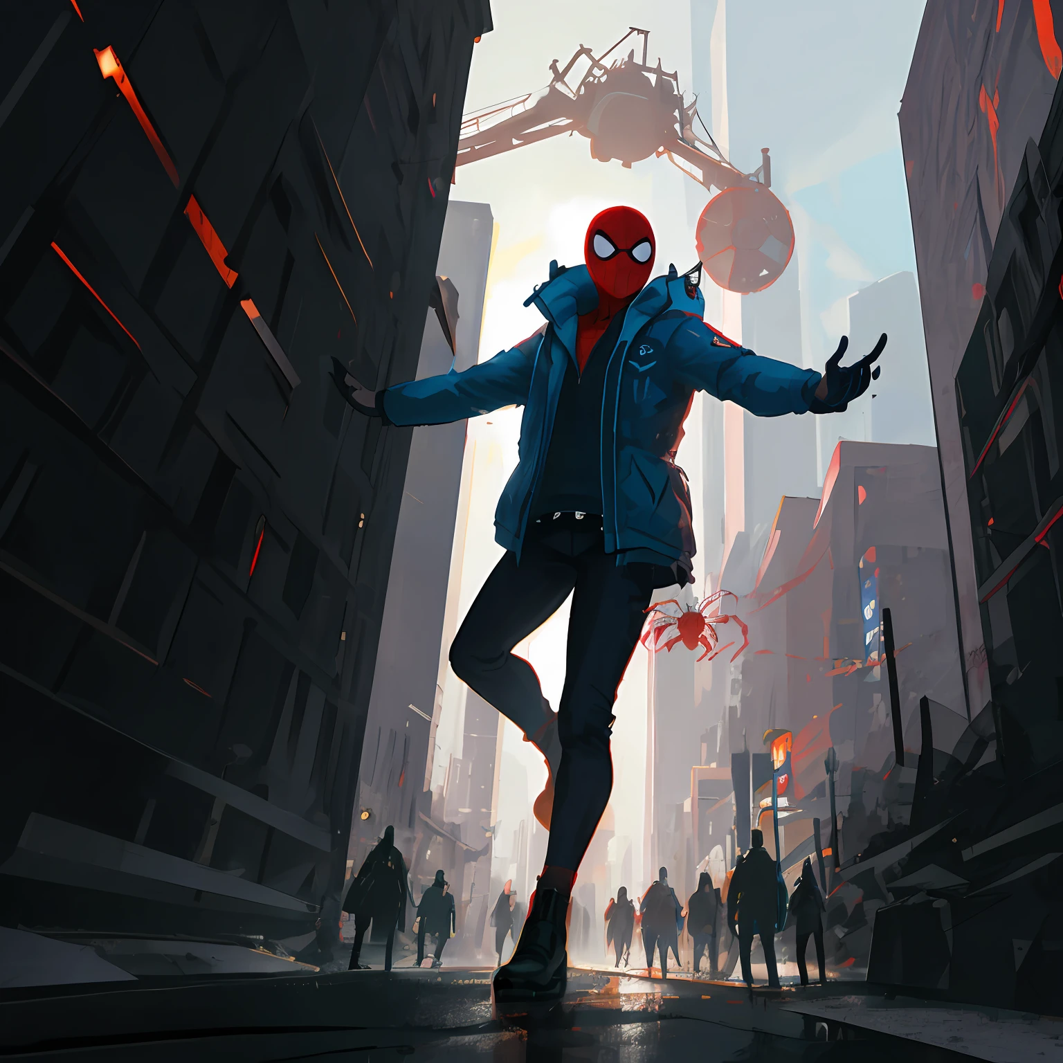 Spider - A person standing in the middle of a city street, futuristic style spiderman, hero pose colorful city lighting, wojtek fus, Spider - poetry art style, portrait of spiderman, Amazing 8K character concept art, Concept art wallpaper 4K, 8 K high detail concept art, 8k hd concept art, trending on artstation 4k,Launch spider silk towards tall buildings