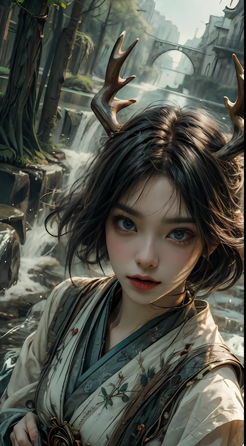 hime-cut, deer antlers, aqua eyes, Top Teeth, Ultra-wide angle, Perspective, filmgrain, romanticism lain, 4K, Best quality