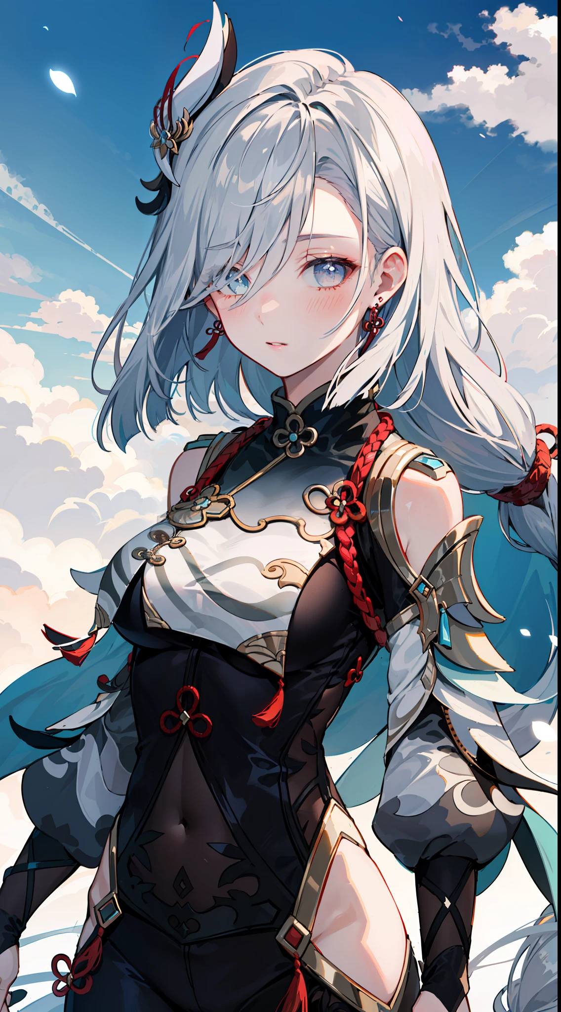 shenhedef, upper body, seductive look, blush, outdoors, snowflake scenery, looking at viewer, cloudy, moody lighting, (perfect detail eyes:1.2), glowing eyes, (long hair one braid:1.2), elemental skill effect, (Masterpiece, Best Quality, High Quality:1.4), professional artwork, Intricate Details, field of view, sharp focus, detailed painting, photorealistic lighting, trending on pixiv, (vivid lighting, vibrant colors:1.05), realistic shadows, ambient occlusion, (athletic body:1.3), mature woman, 30yo,