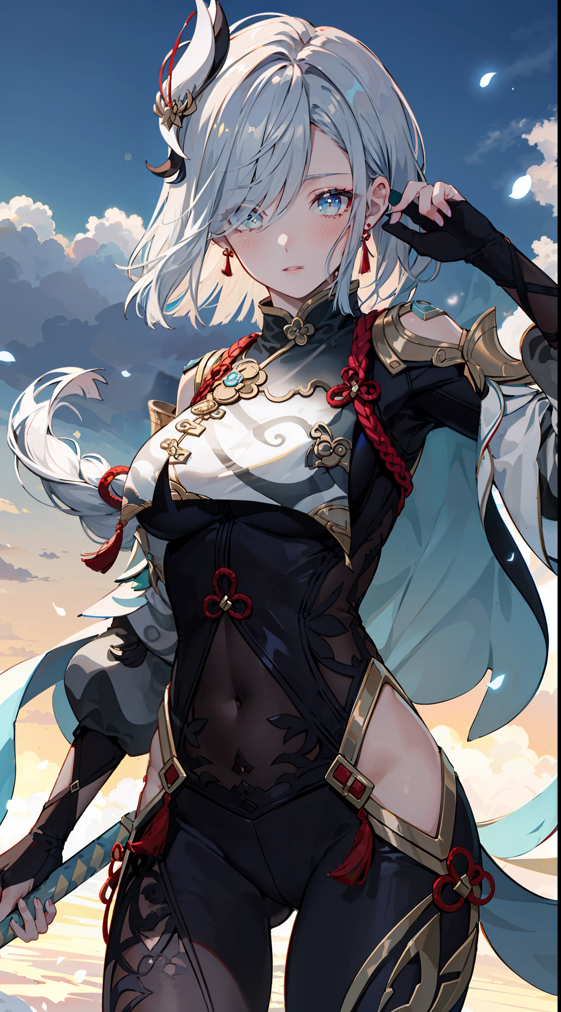 shenhedef, upper body, seductive look, blush, outdoors, snowflake scenery, looking at viewer, cloudy, moody lighting, (perfect detail eyes:1.2), glowing eyes, (long hair one braid:1.2), elemental skill effect, (Masterpiece, Best Quality, High Quality:1.4), professional artwork, Intricate Details, field of view, sharp focus, detailed painting, photorealistic lighting, trending on pixiv, (vivid lighting, vibrant colors:1.05), realistic shadows, ambient occlusion, (athletic body:1.3), mature woman, 30yo,