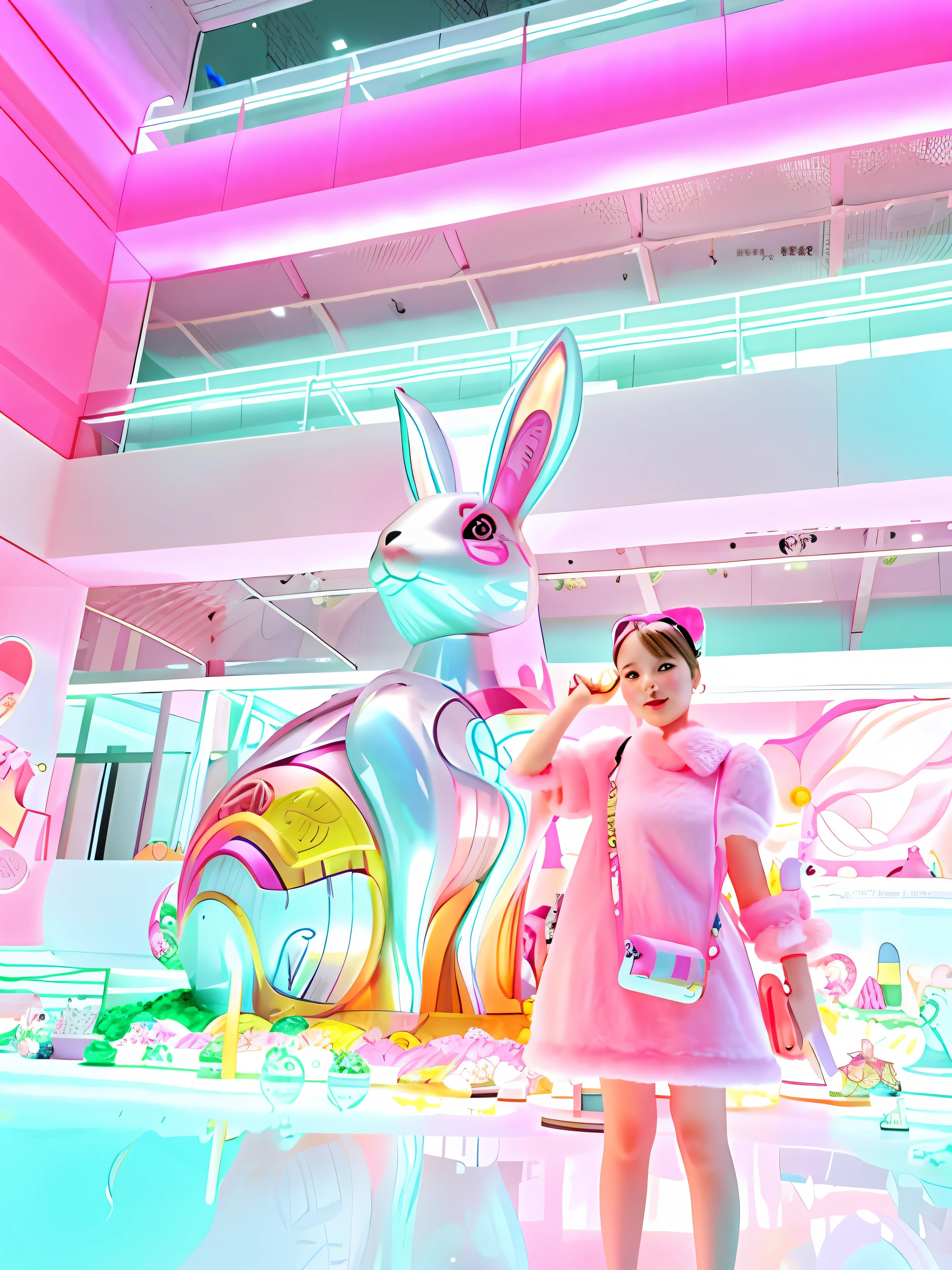 There is a girl standing next to a huge rabbit statue, wearing a pink rabbit costume, giant alice in wonderland, Chinese New Year in Shanghai, the bunny has pink fur, large translucent art statues, author:vivy, the bunny has pink fur, koons, with big rabbit ears, ultrarealistic sweet bunny girl, author:Jeff Koons, Wonderful, China